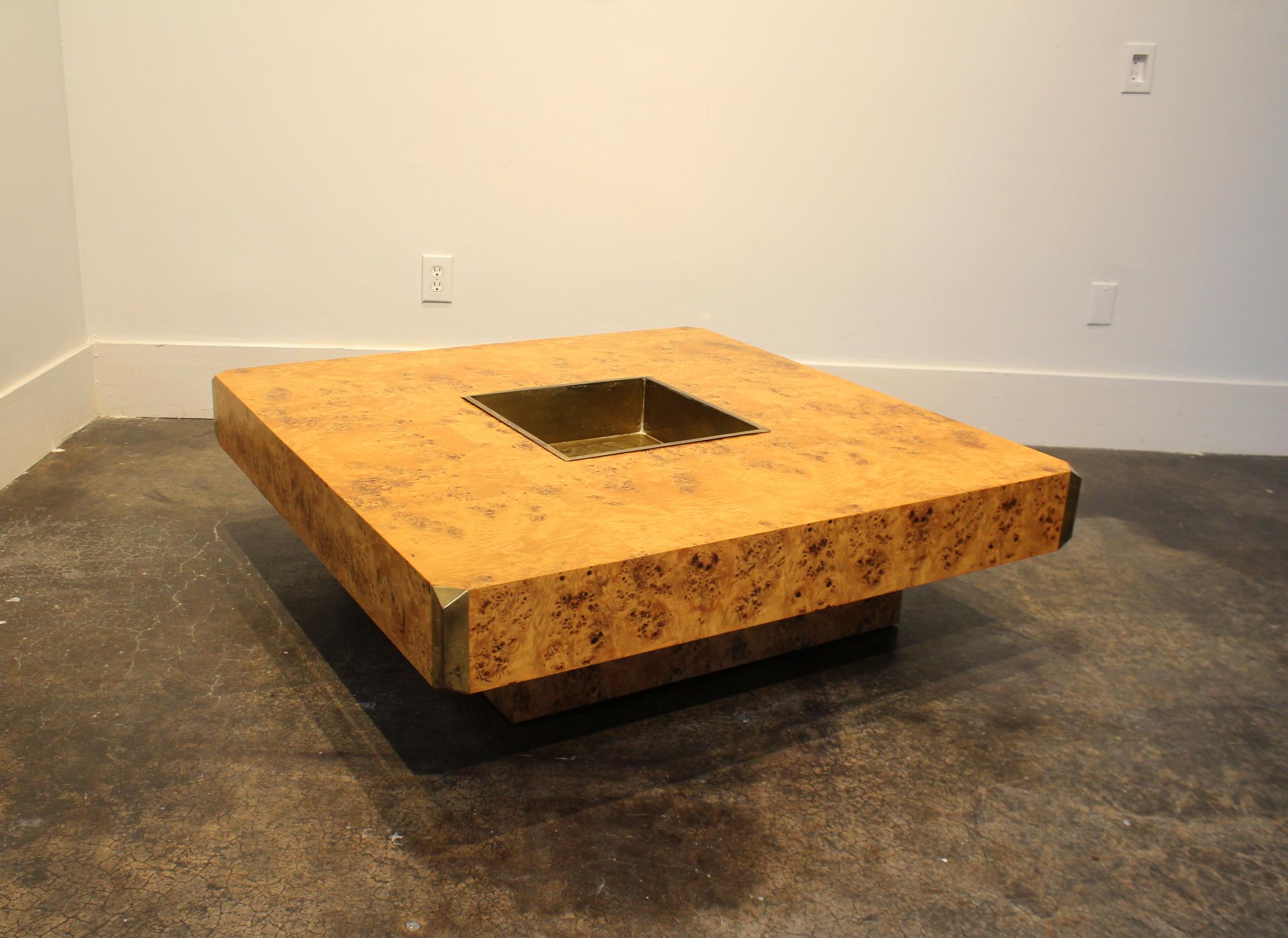Mid-Century Modern 1970s Italian Willy Rizzo Burl Wood and Brass Coffee Table