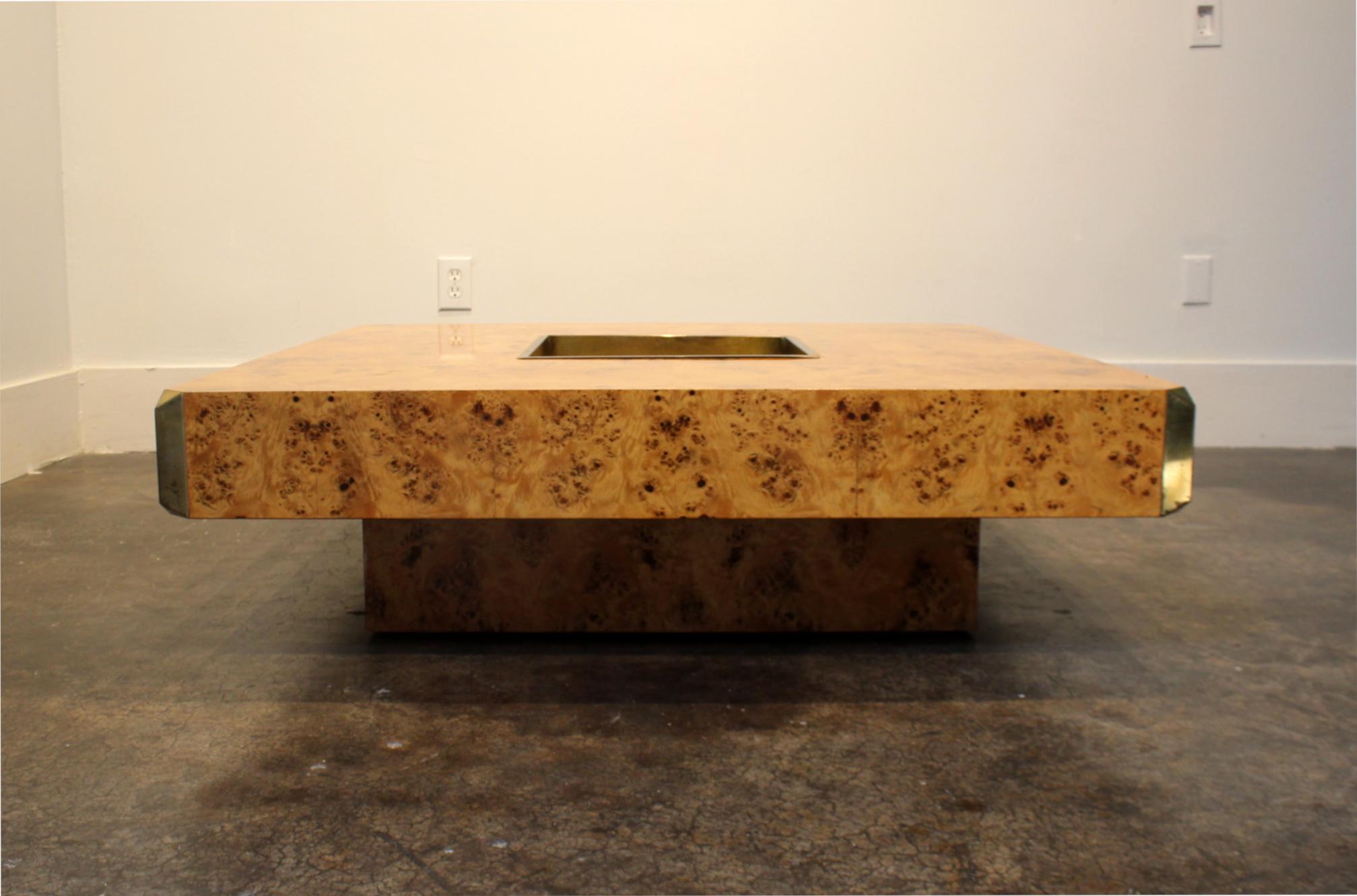 20th Century 1970s Italian Willy Rizzo Burl Wood and Brass Coffee Table