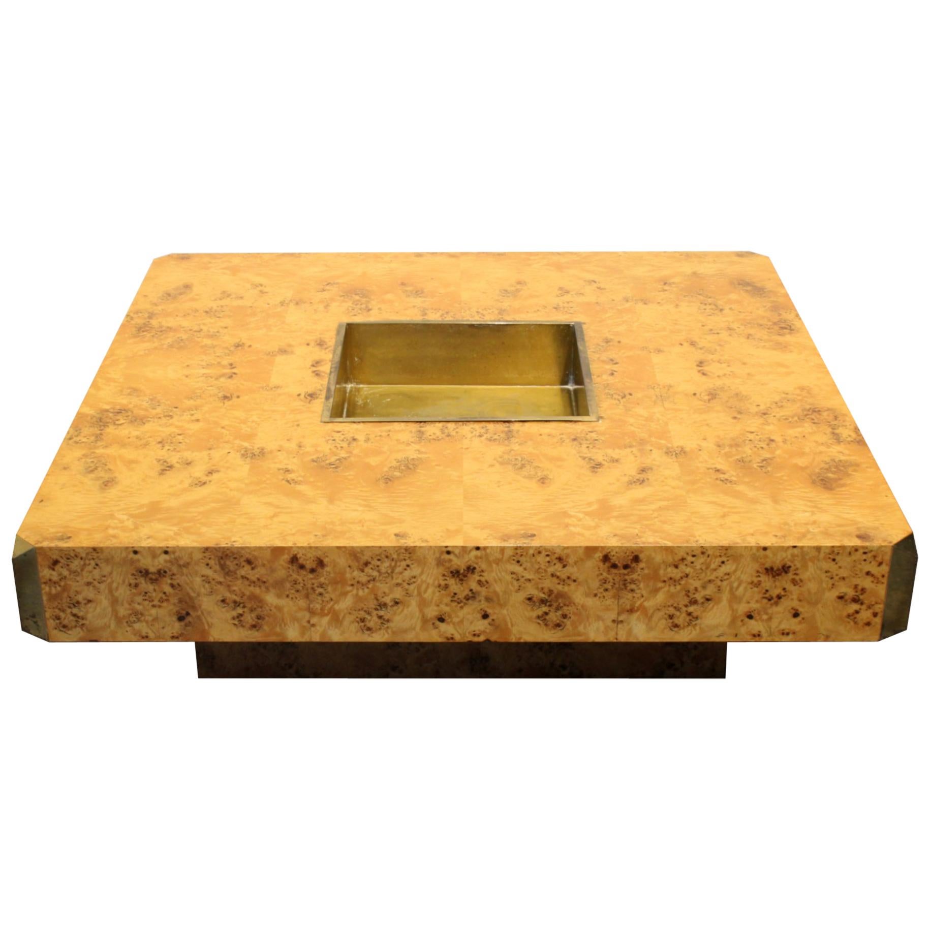 1970s Italian Willy Rizzo Burl Wood and Brass Coffee Table