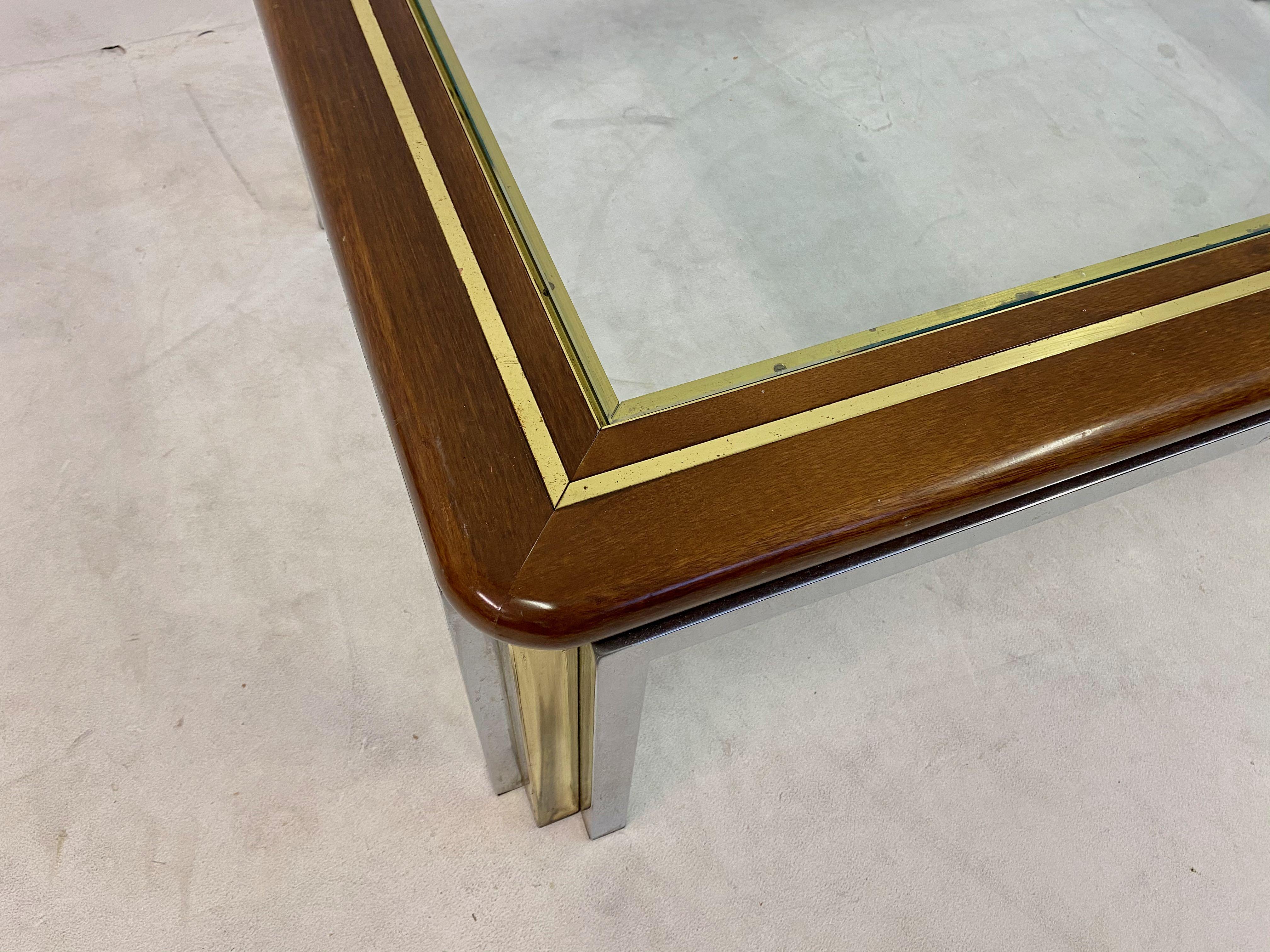 20th Century 1970s Italian Wood, Brass and Chrome Coffee Table For Sale