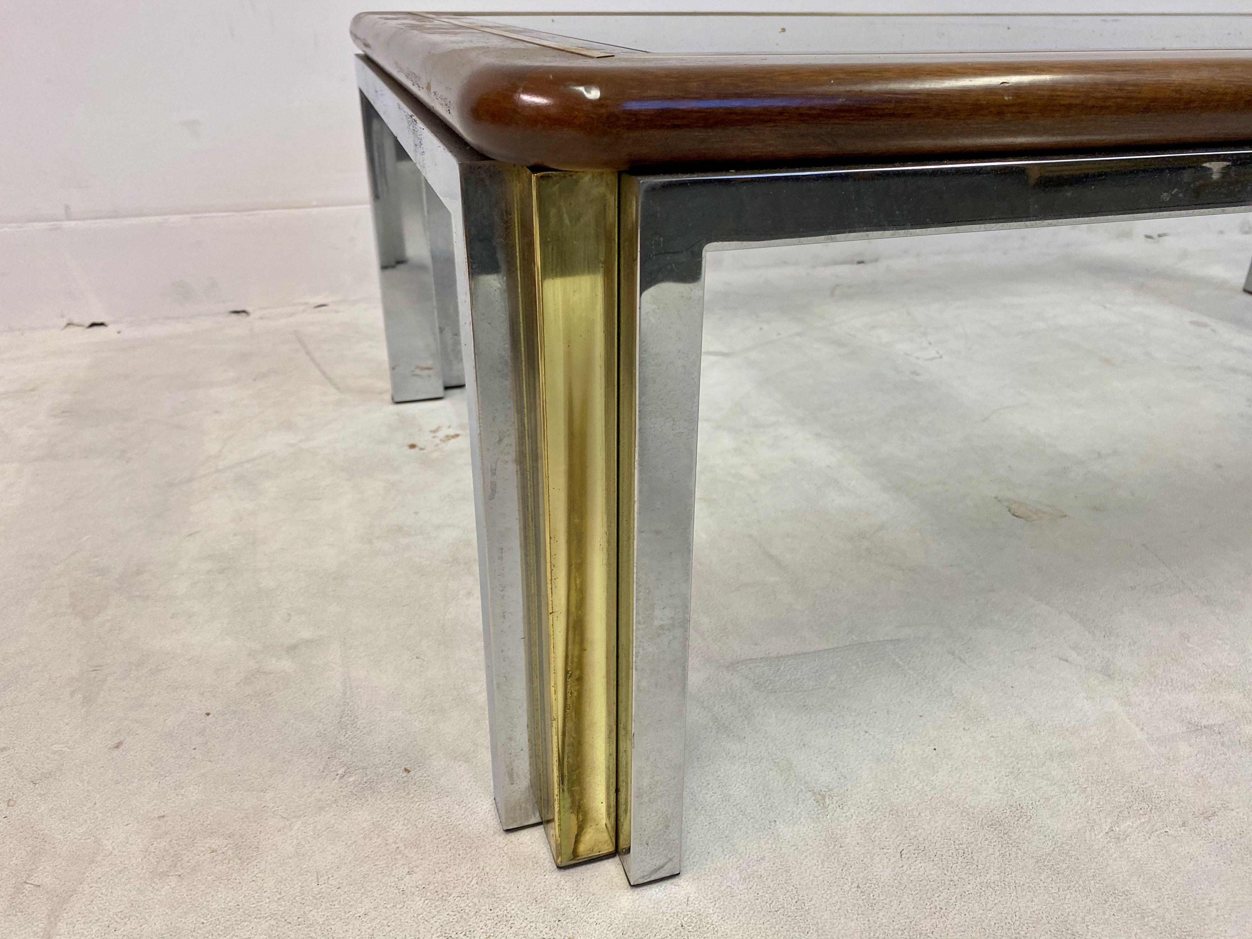 1970s Italian Wood, Brass and Chrome Coffee Table For Sale 1