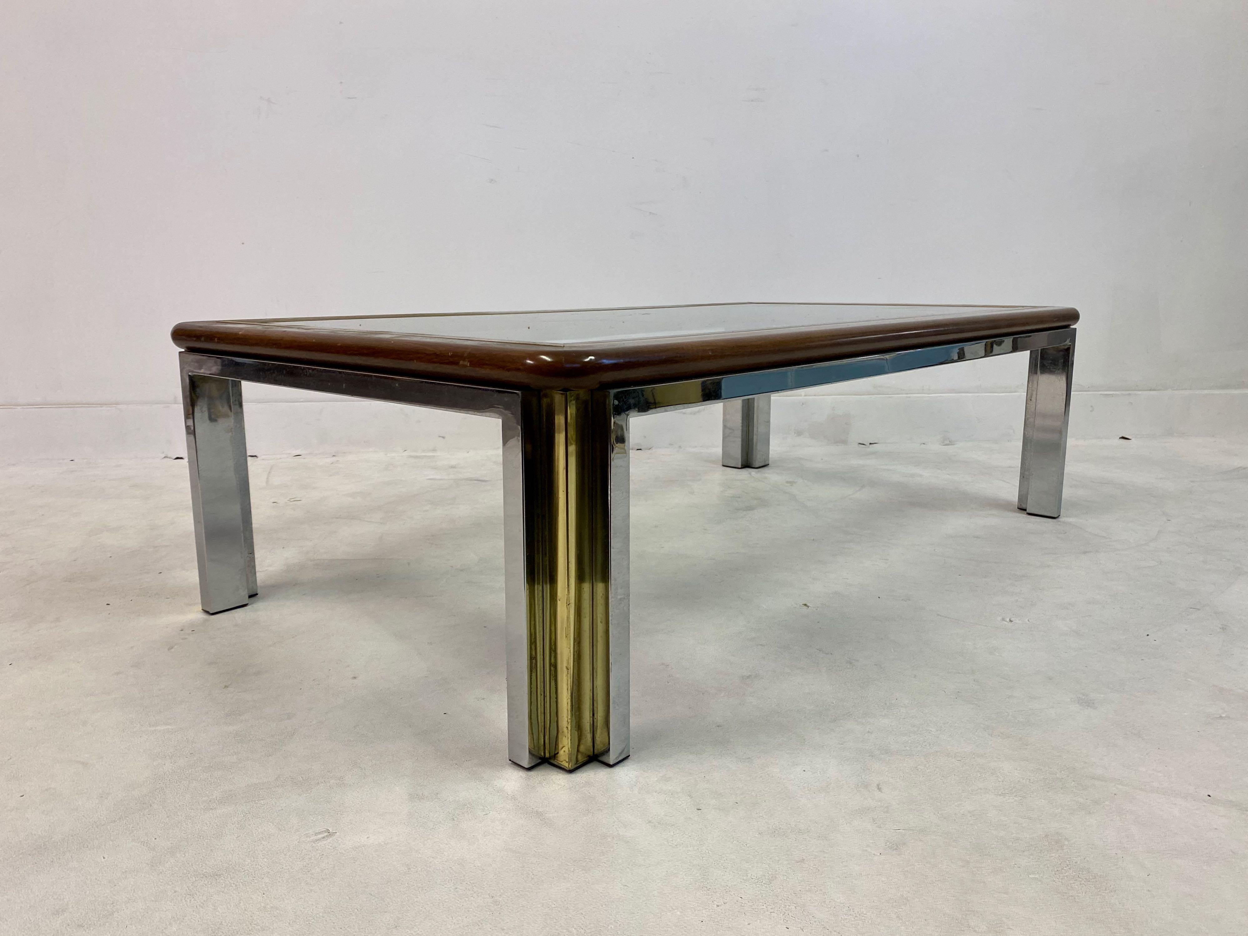 1970s Italian Wood, Brass and Chrome Coffee Table For Sale 2