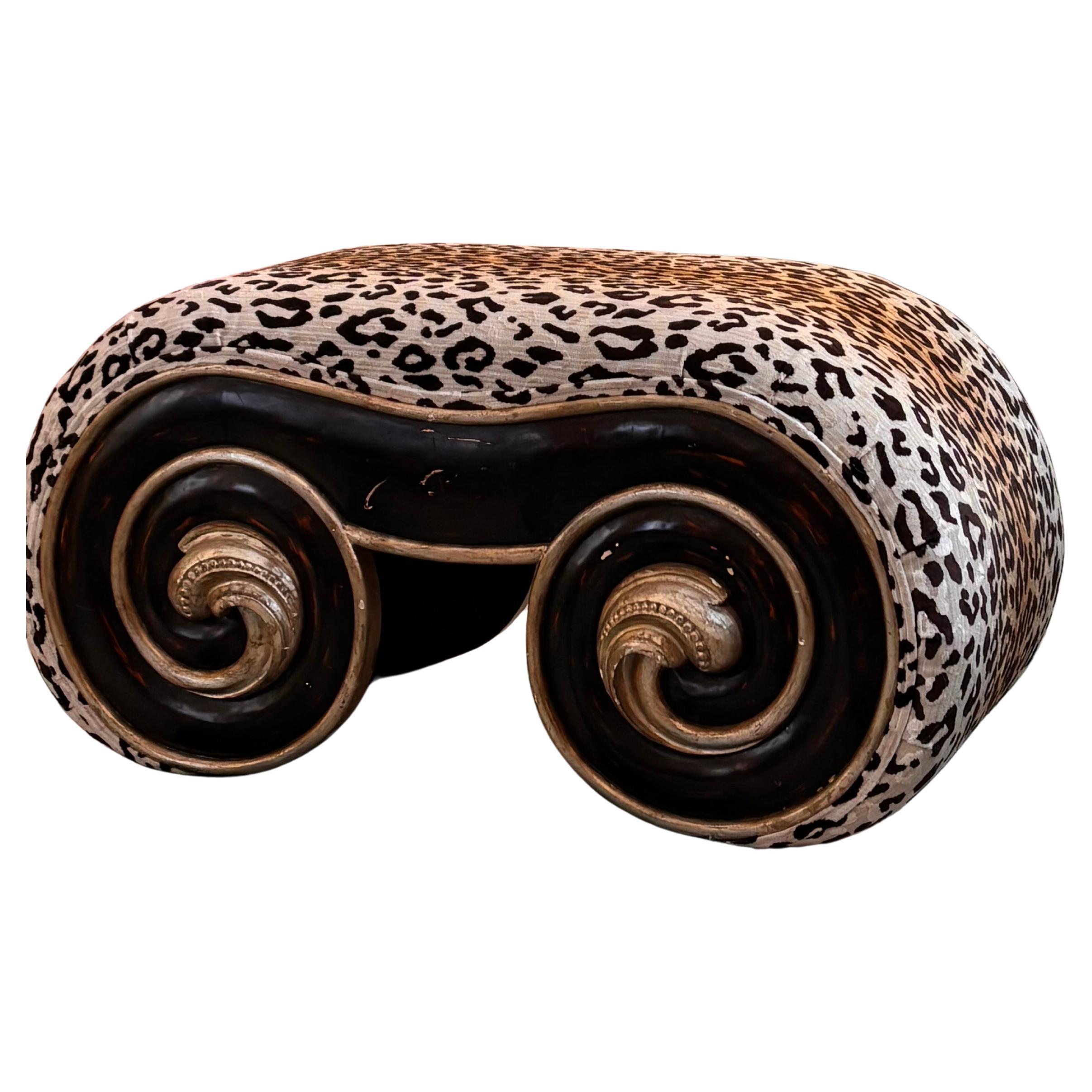 Large luxury 1967s Italian scroll bench recovered in velvet leopard print. 

Some signs of wear to the scrolls but that adds to its charm. Beautiful heavy leopard print velvet. Comfortable to sit on. 

114cm Width 
58cm Depth 
58cm Height 