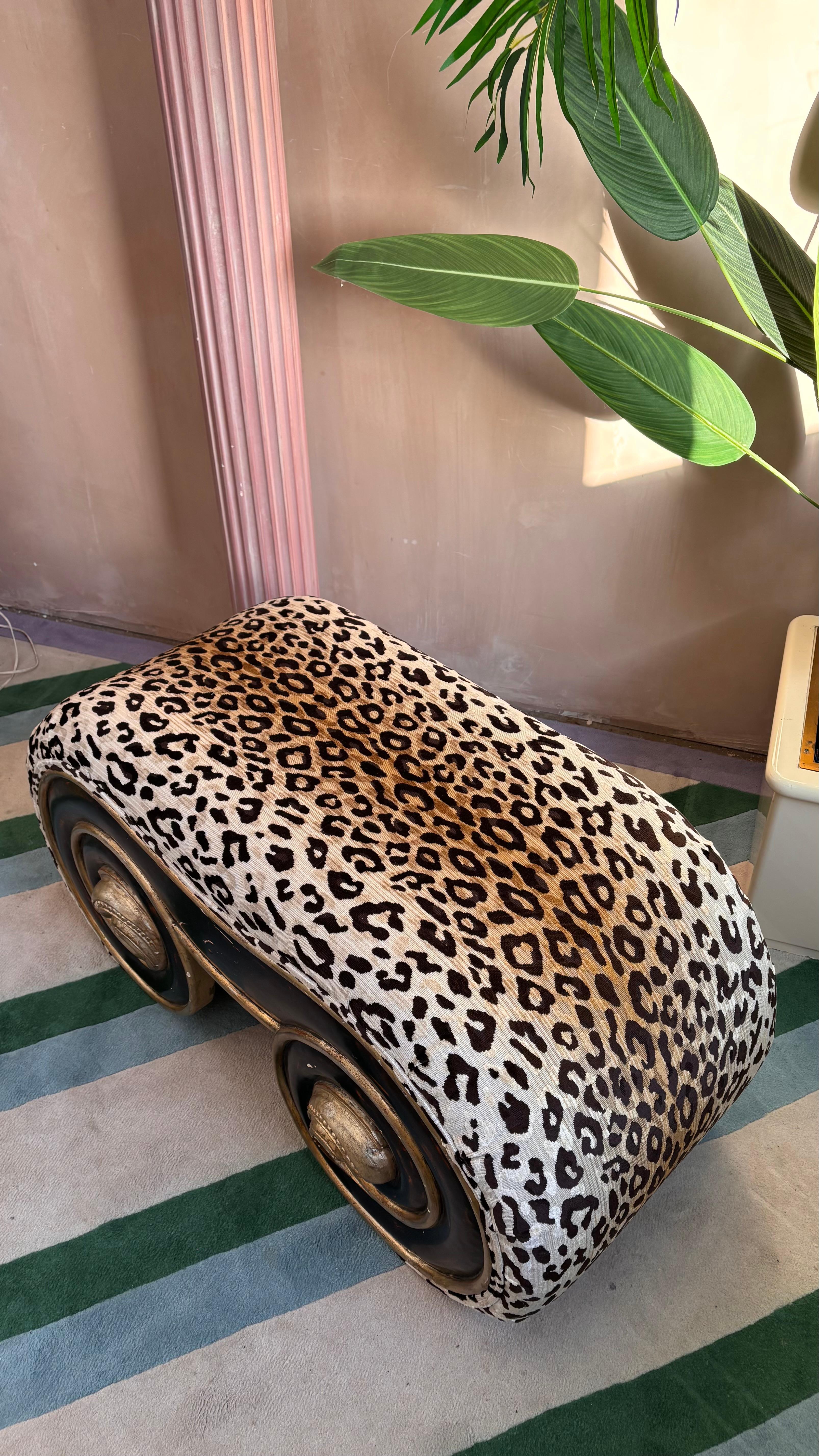 Baroque 1970s Italian wood scroll bench in leopard print velvet