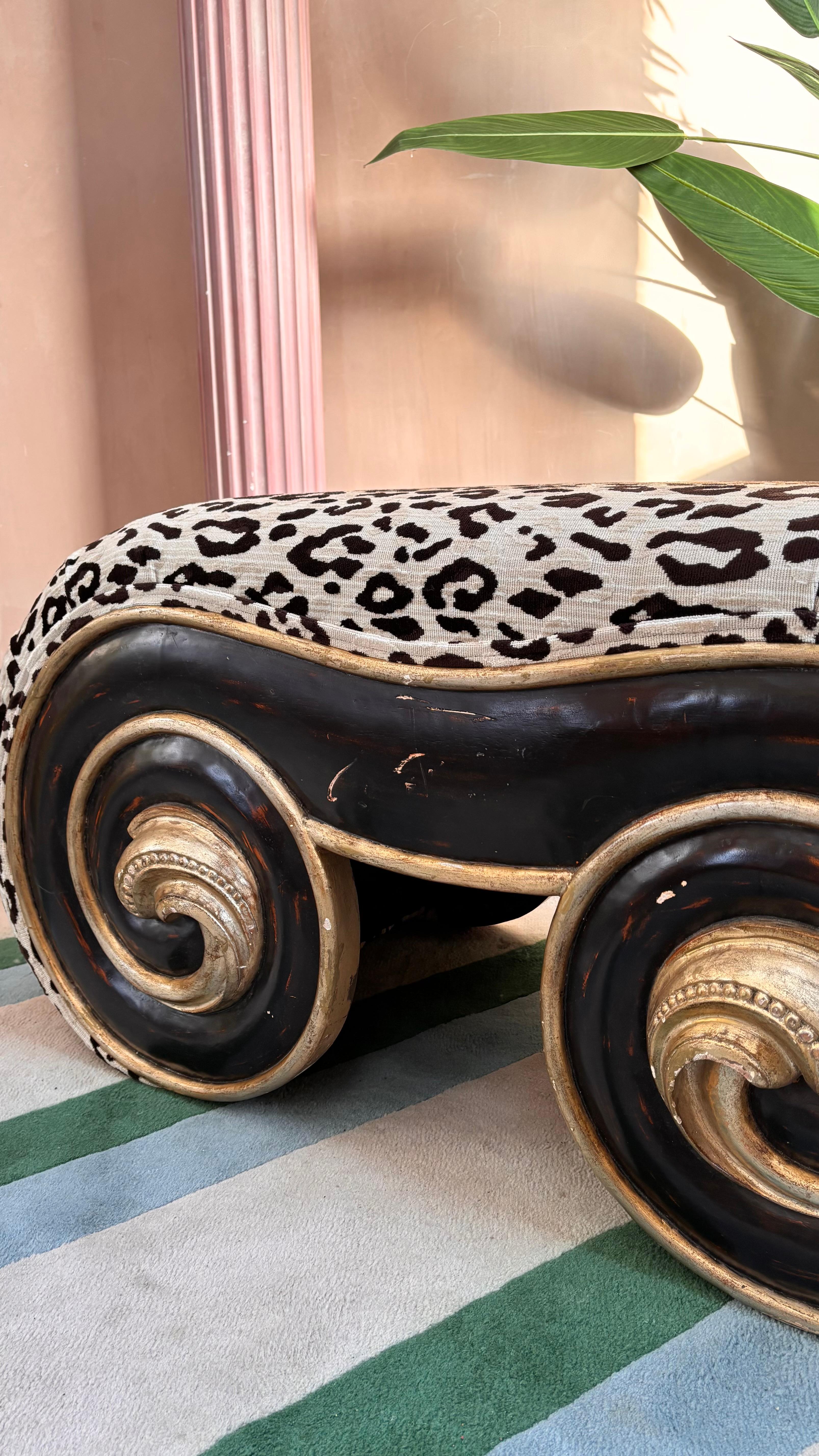Hand-Carved 1970s Italian wood scroll bench in leopard print velvet