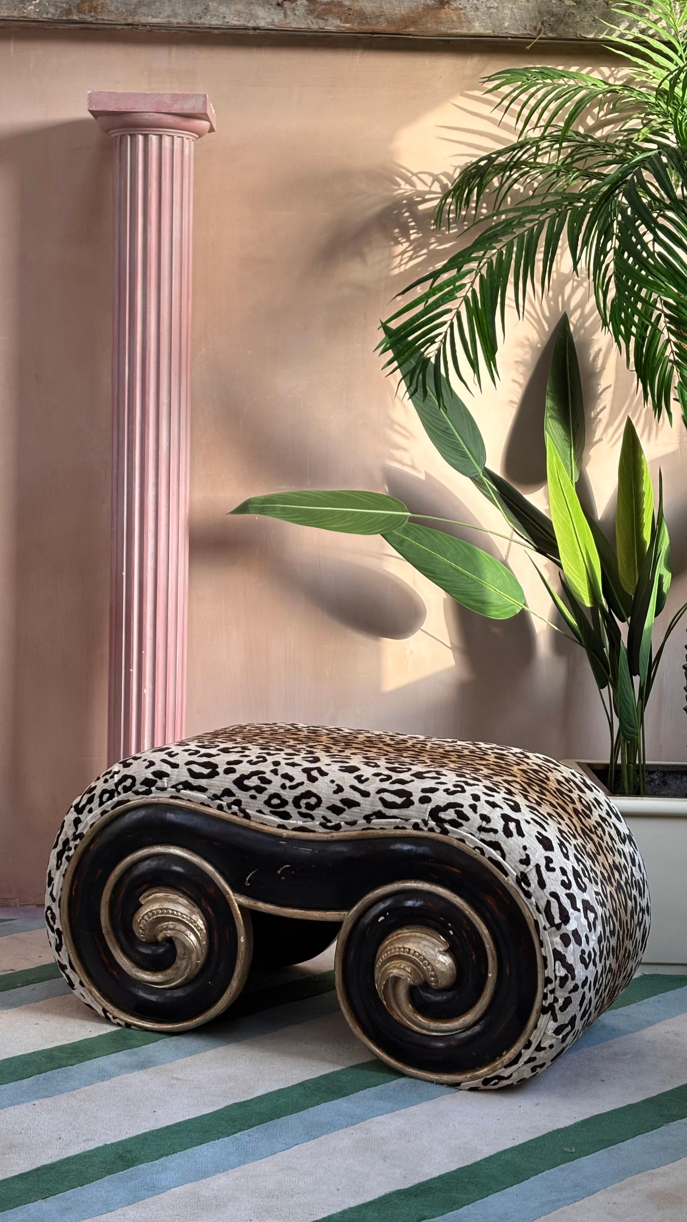 20th Century 1970s Italian wood scroll bench in leopard print velvet