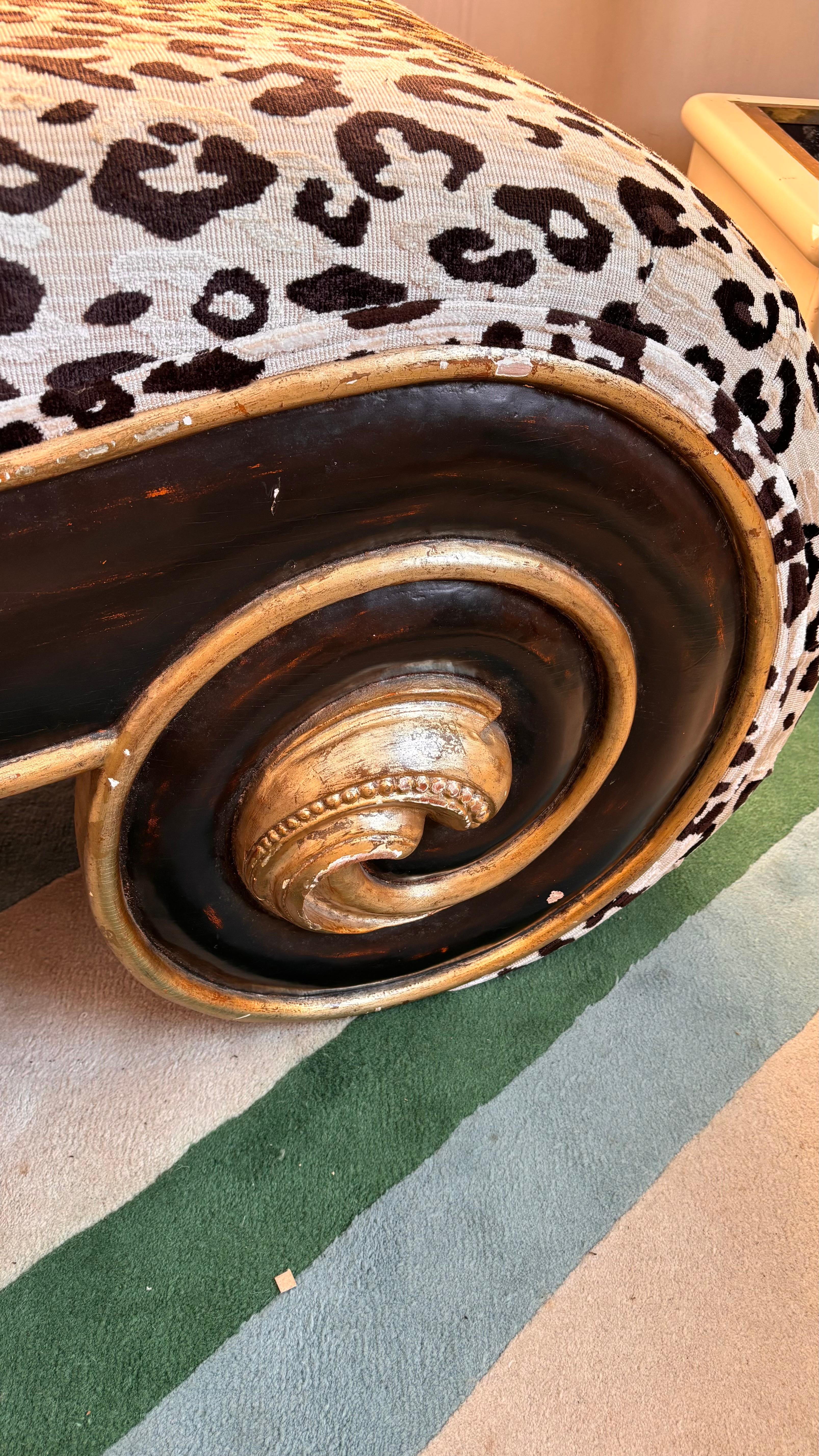 Velvet 1970s Italian wood scroll bench in leopard print velvet