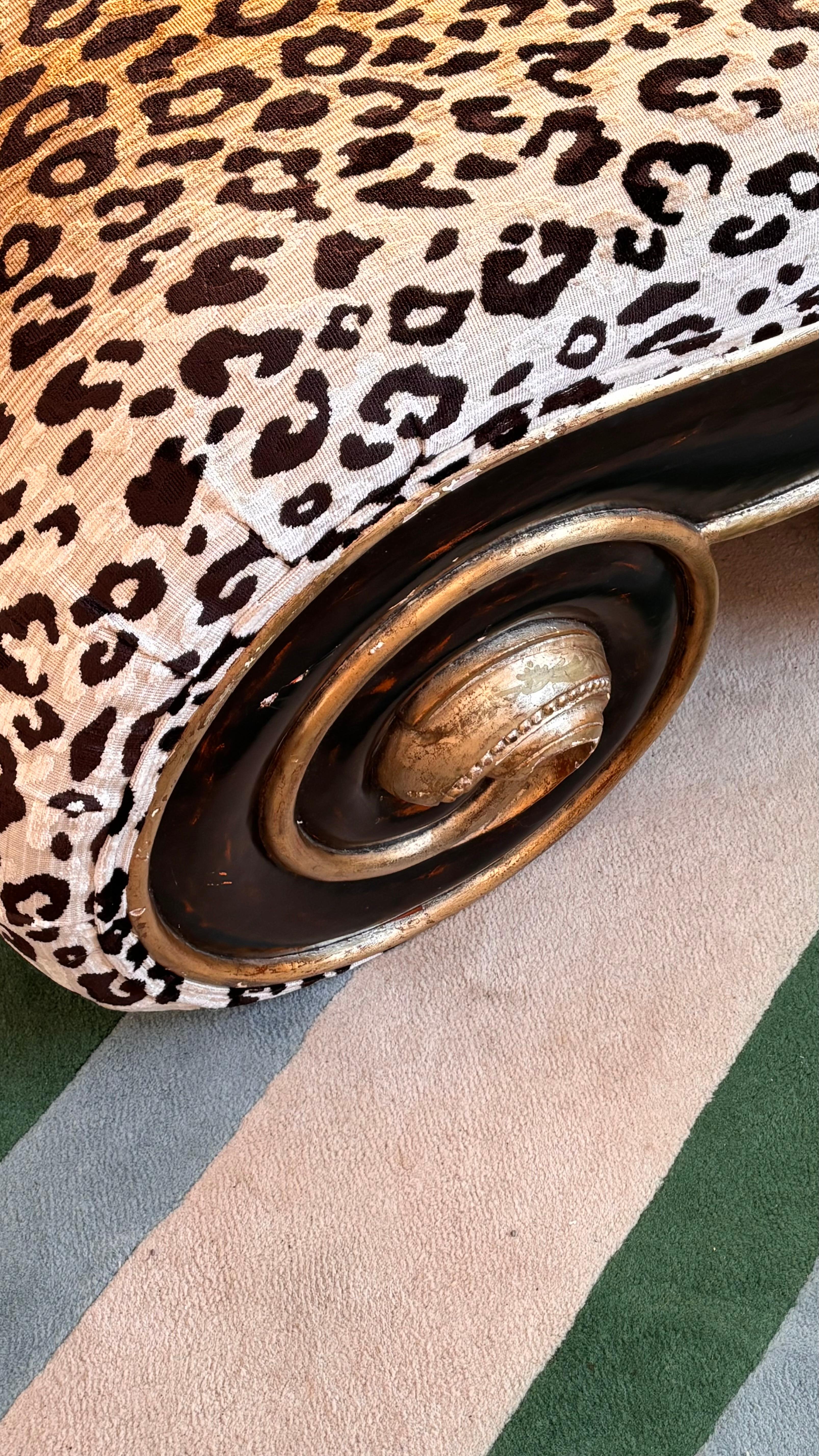 1970s Italian wood scroll bench in leopard print velvet 2