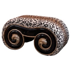 1970s Italian wood scroll bench in leopard print velvet