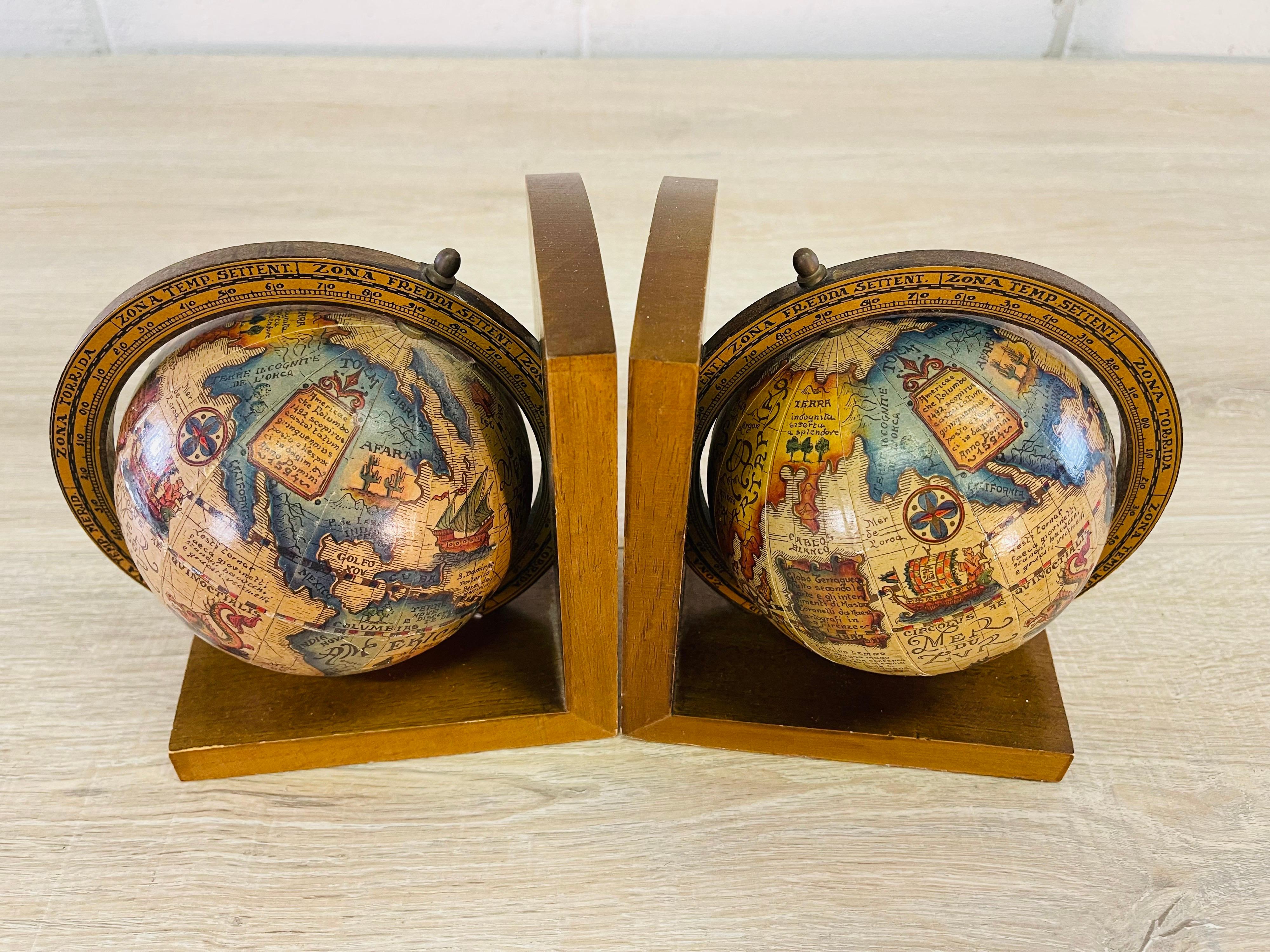 Vintage Italian wood world globe bookends. Great globe design. Marked.