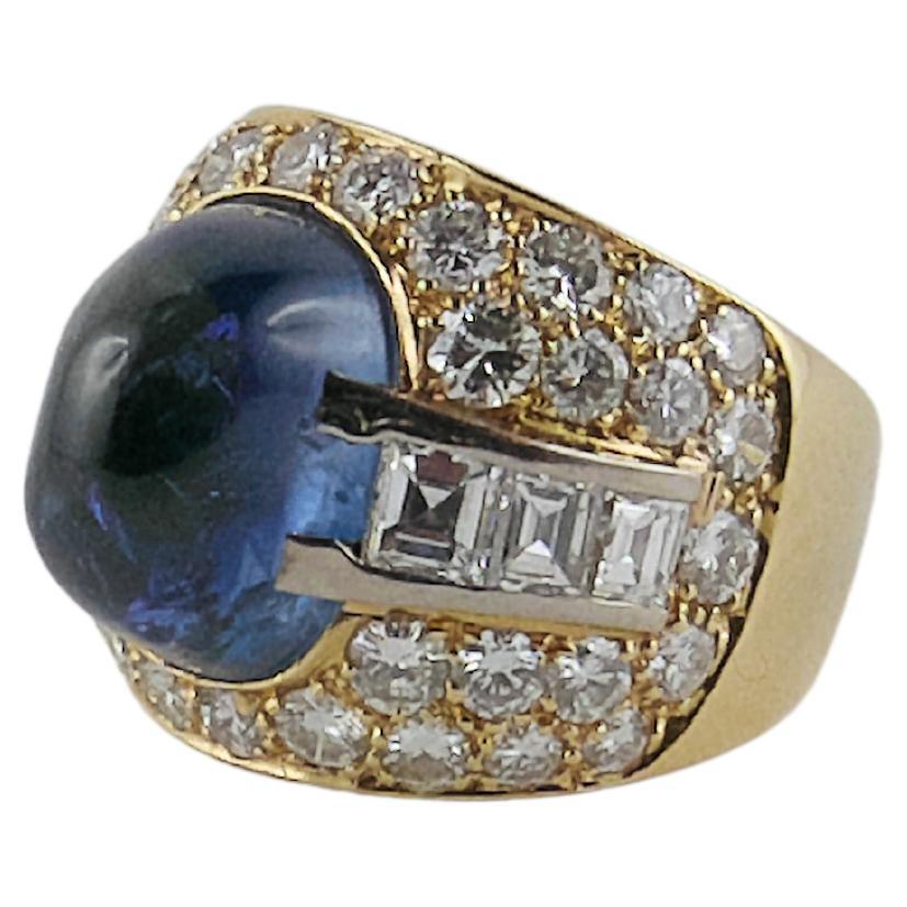 1970s Italian Yellow and White Gold, Sapphire and Diamond Ring For Sale