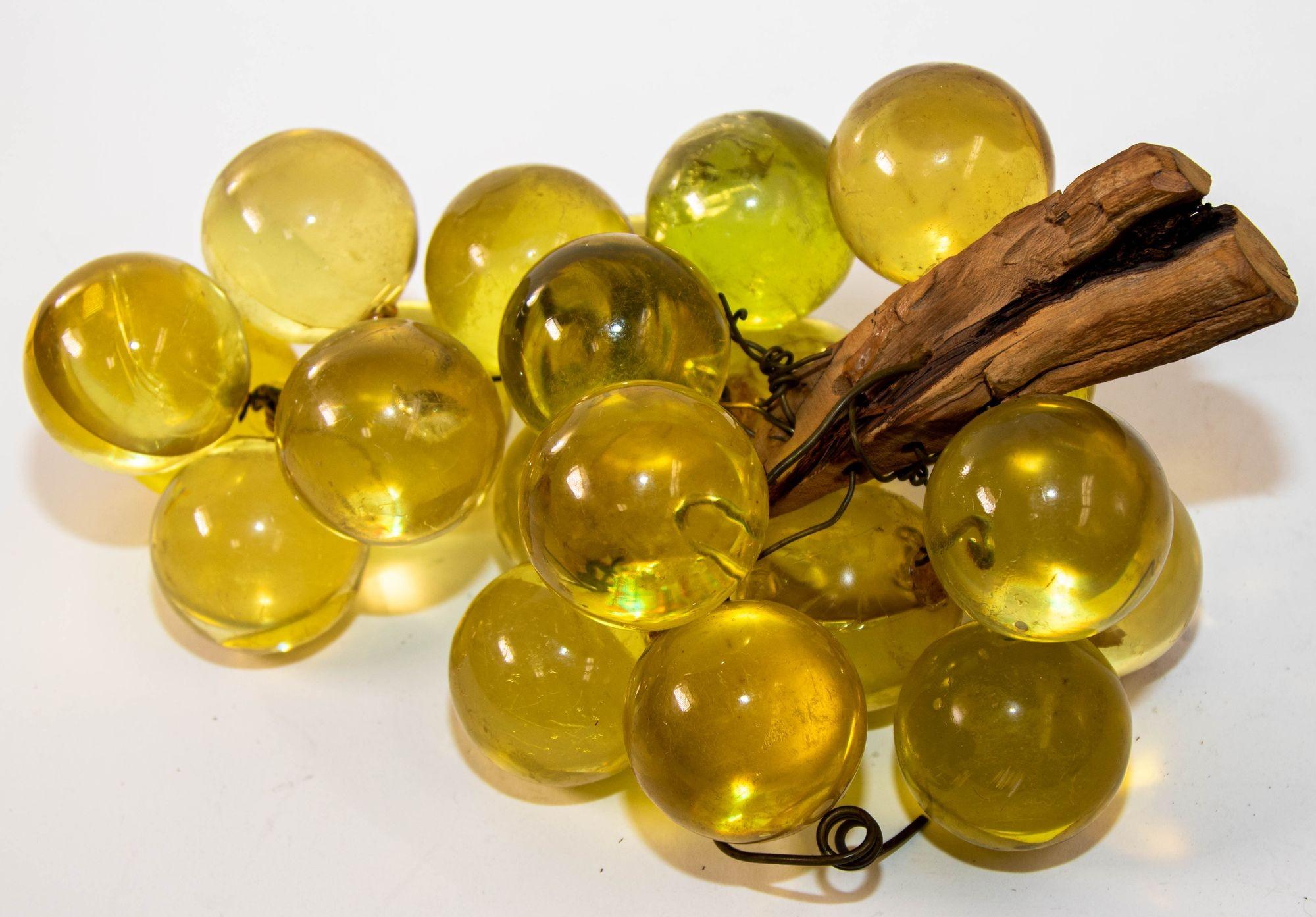 Organic Modern 1970s Italian Yellow Gold Lucite Grape Cluster on Driftwood For Sale