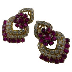 1970s Italian Yellow Gold  Ruby and Diamond Earrings