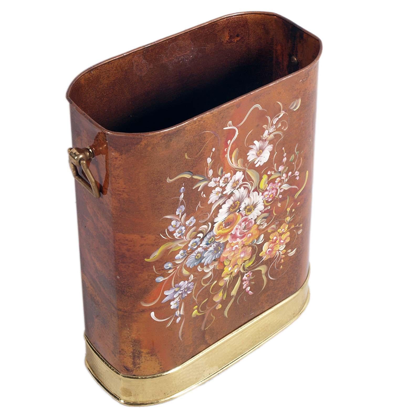 This collector's item is an umbrella stand in marbled copper, with accessories in gilded brass and hand painted with a floral motif, by Tommaso Barbi for Bottega Gadda - Milan -, circa 1970s, signed below. This heavy oval umbrella stand is crafted