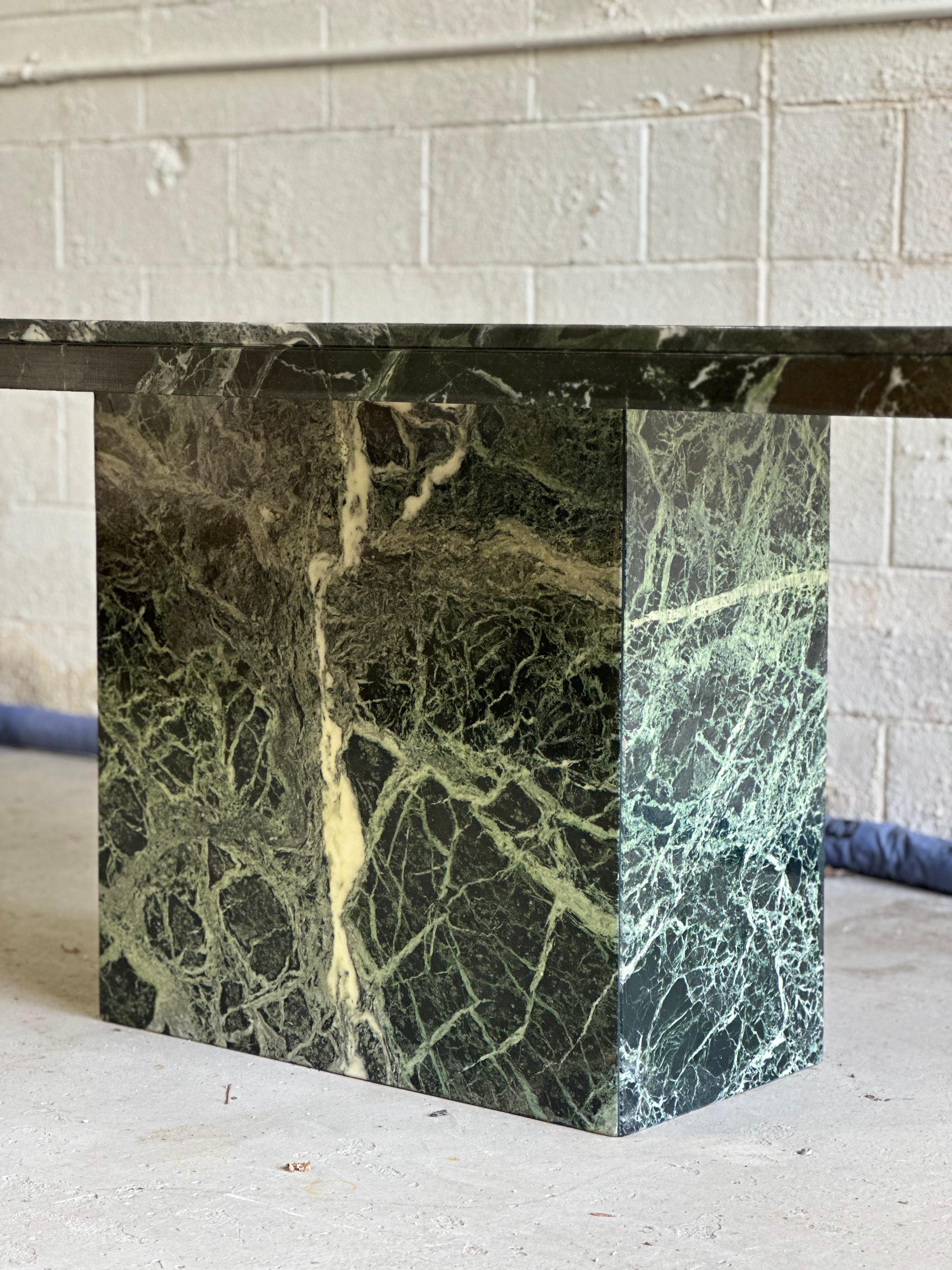 Modern 1970s Italy Dark Green Guatemala Marble Stone Rectangular Pedestal Dining Table For Sale
