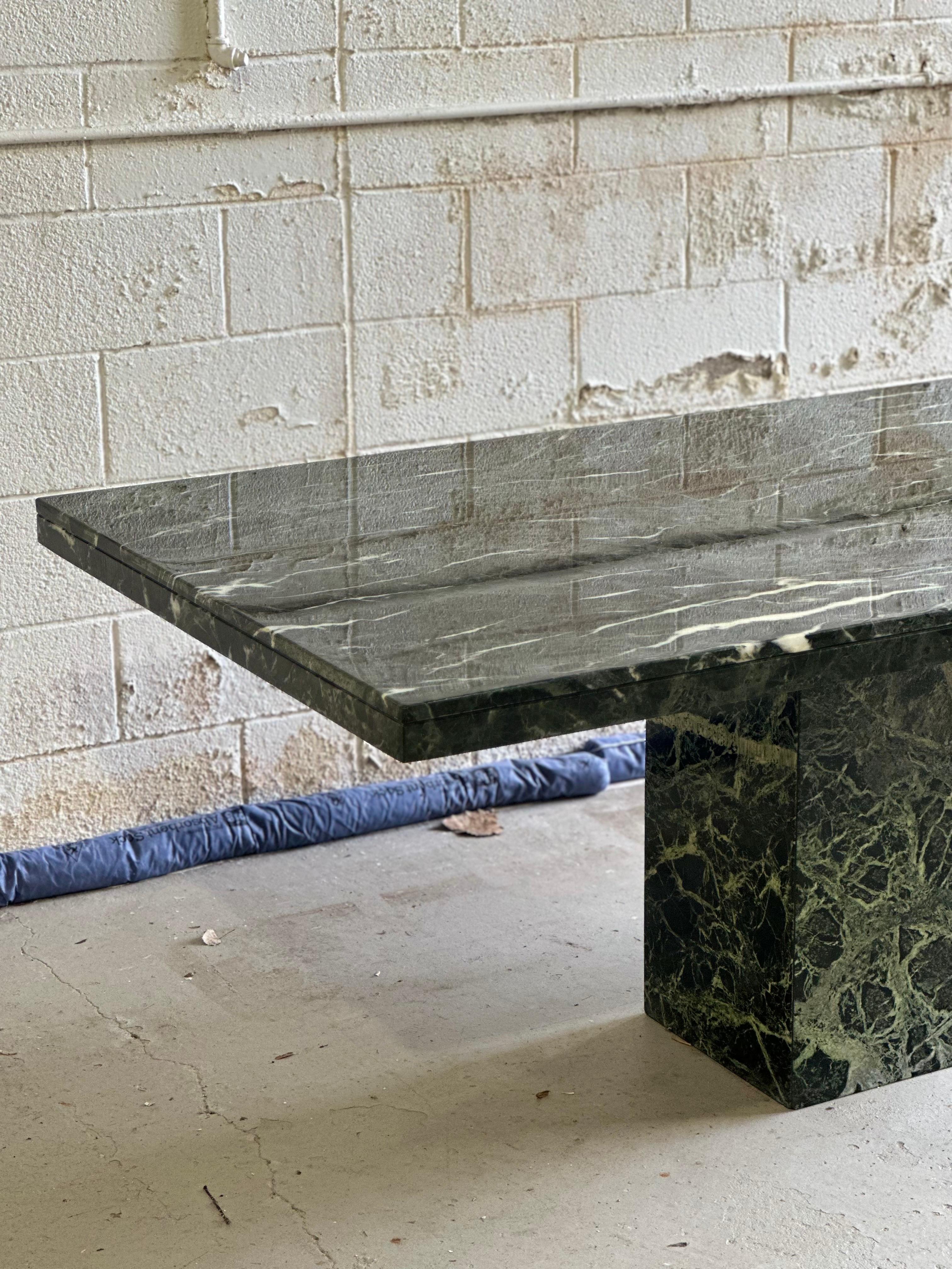 1970s Italy Dark Green Guatemala Marble Stone Rectangular Pedestal Dining Table In Good Condition For Sale In Farmington Hills, MI