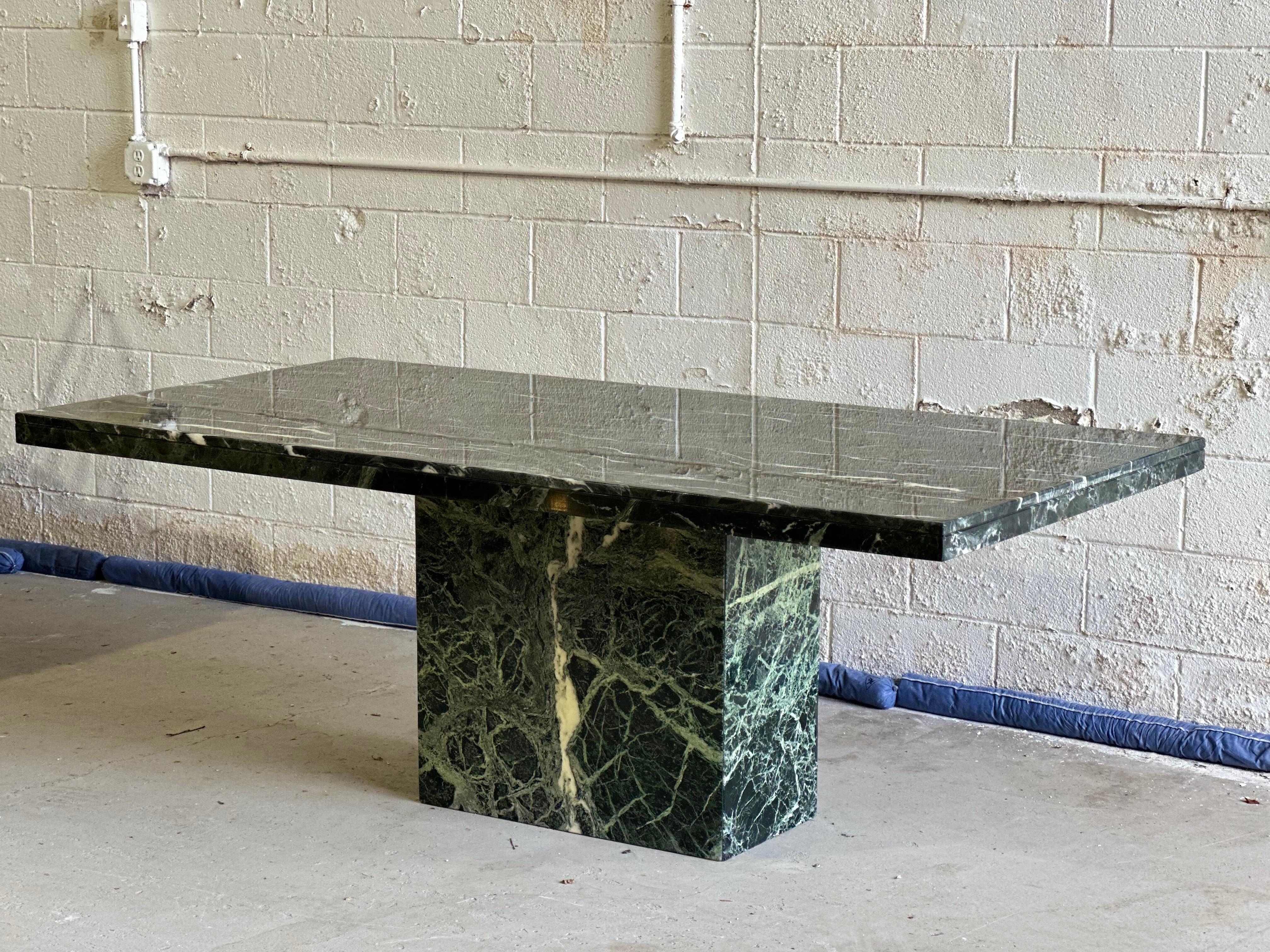 1970s Italy Dark Green Guatemala Marble Stone Rectangular Pedestal Dining Table For Sale 1