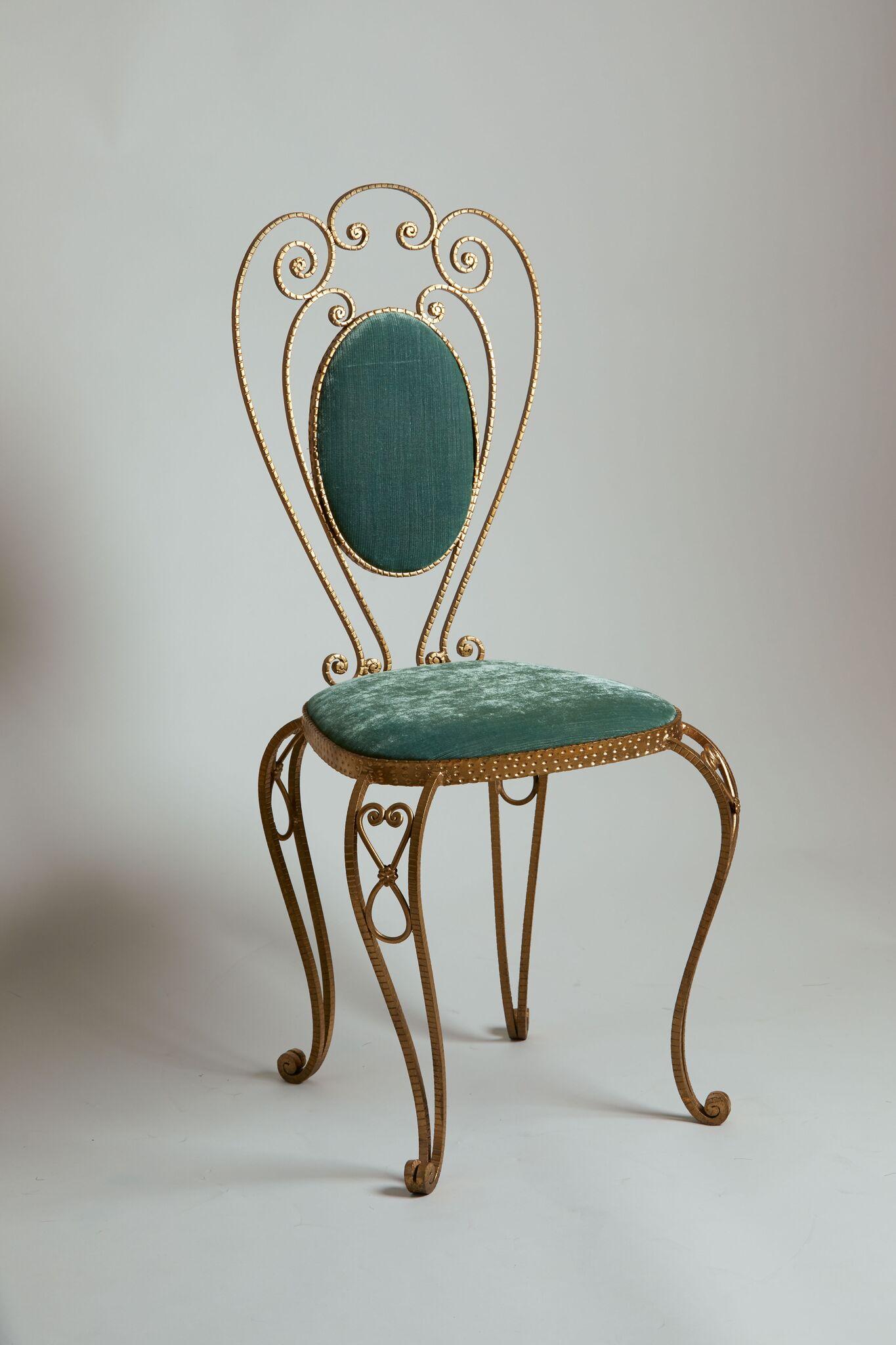 1970s Italy gold gilded vanity chair with green velvet upholstery (2).