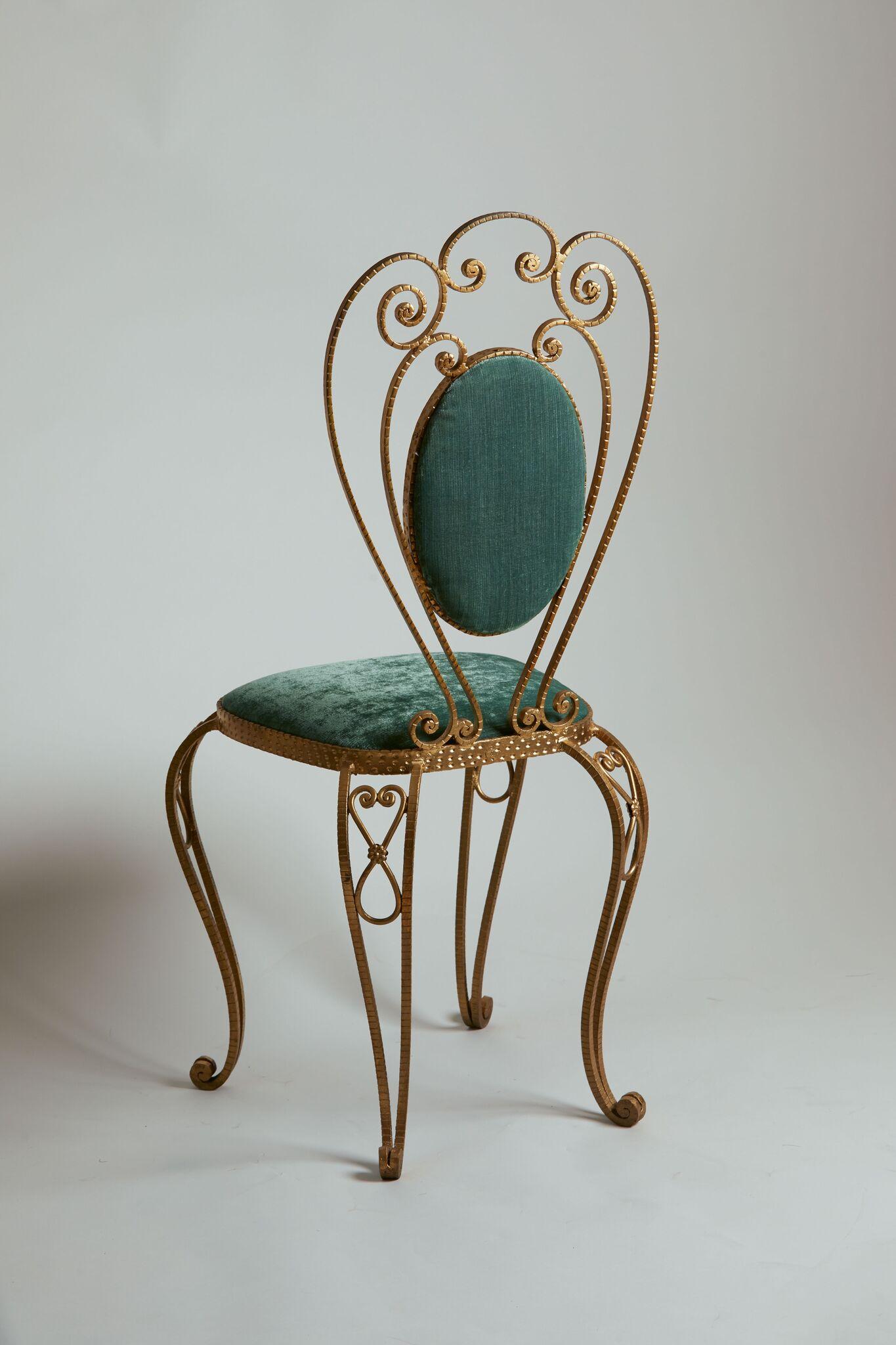 Mid-Century Modern 1970s Italy Pair of Gold Gilded Vanity Chair with Velvet Upholstery