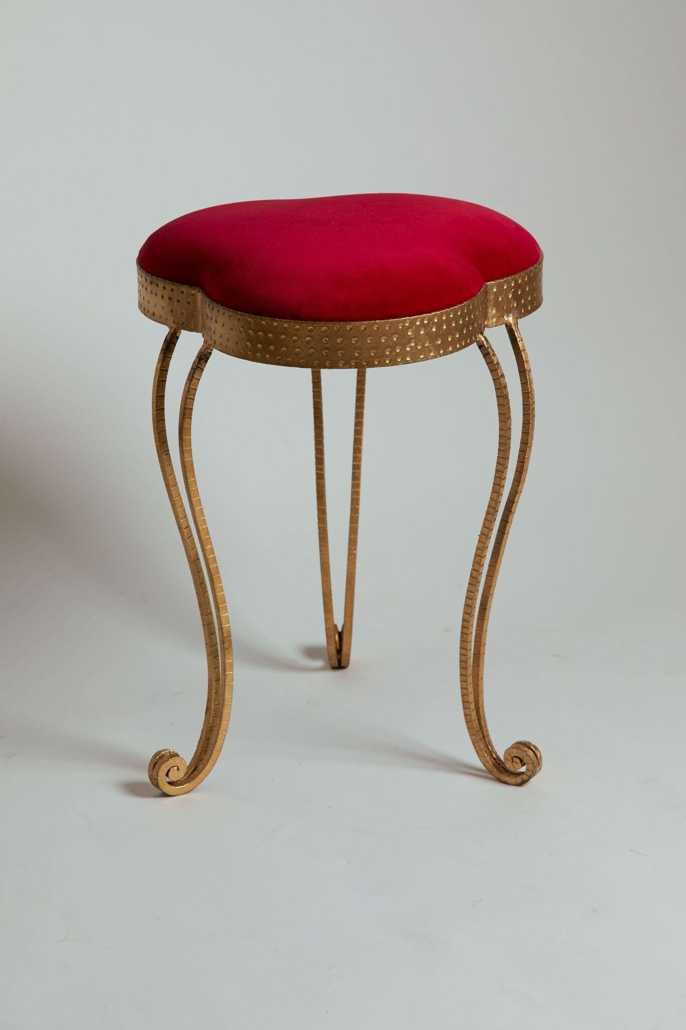 Late 20th Century 1970s Italy Pair of Gold Gilded Vanity Stools with Red Velvet Upholstery