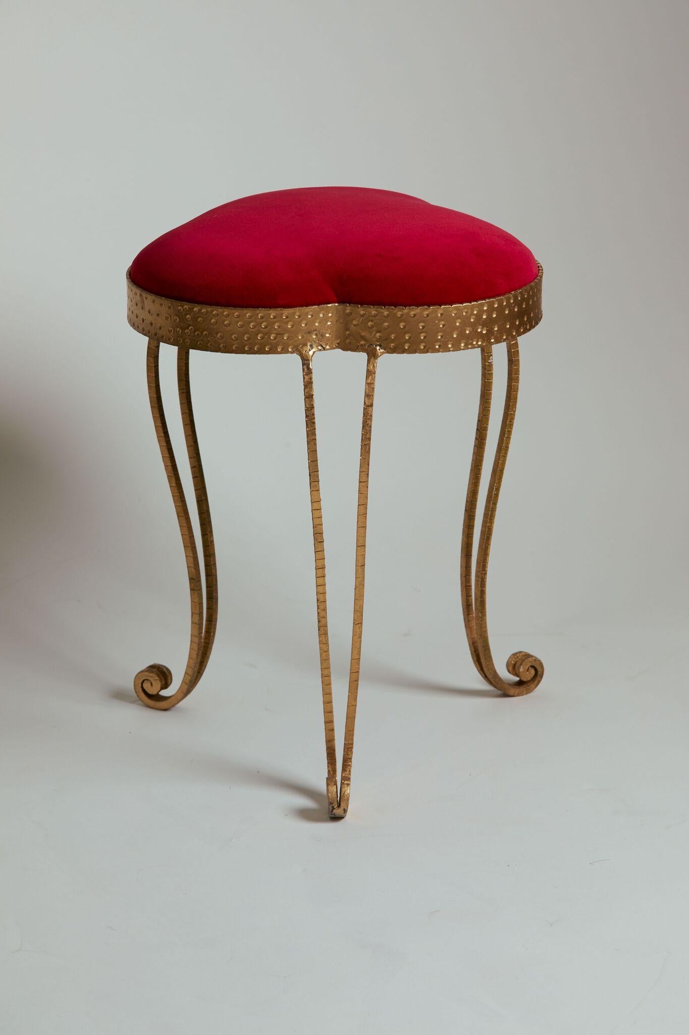 Brass 1970s Italy Pair of Gold Gilded Vanity Stools with Red Velvet Upholstery