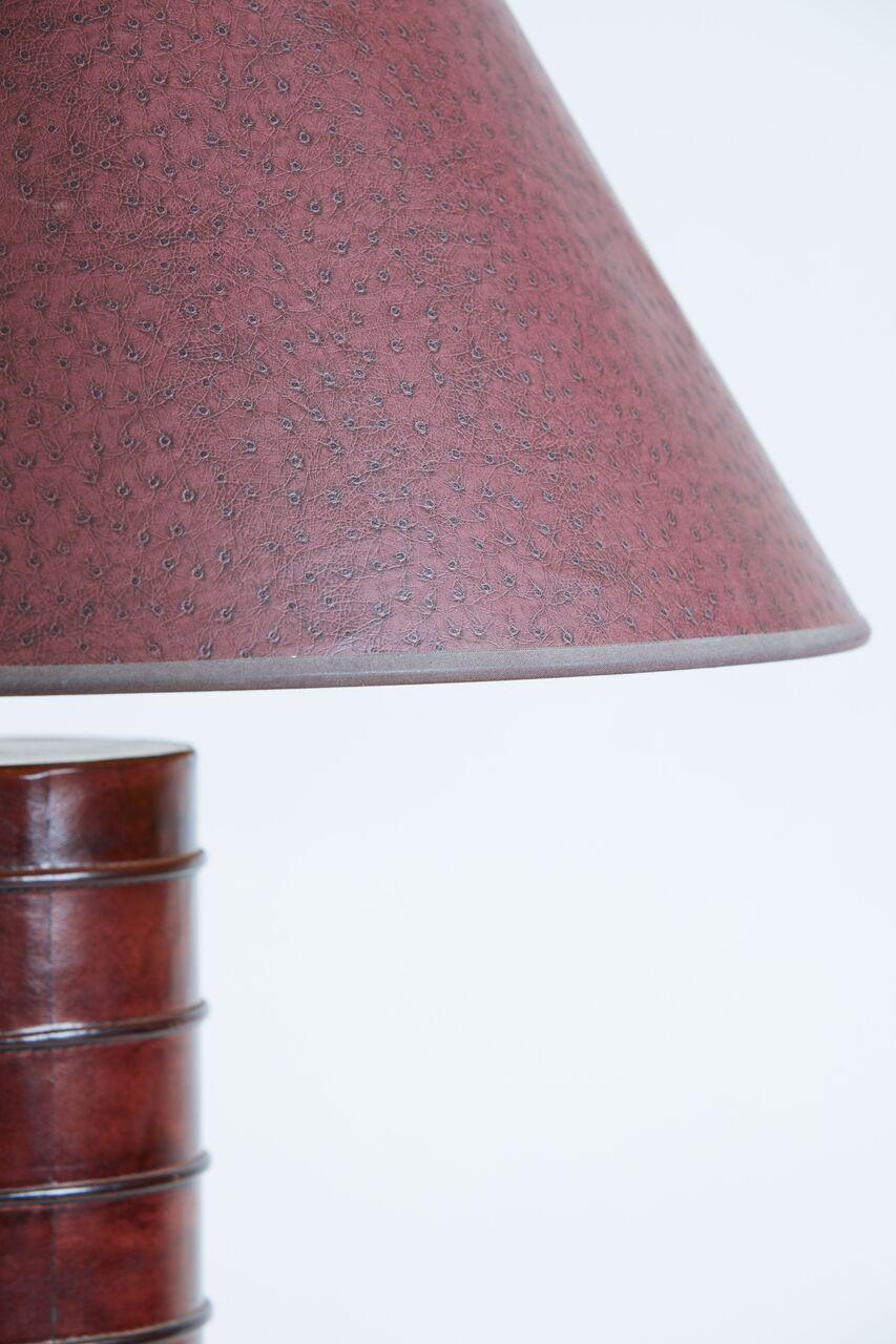 Mid-Century Modern 1970s Italy Pair Leather Stitched Table Lamps Original Shades in Printed Ostrich