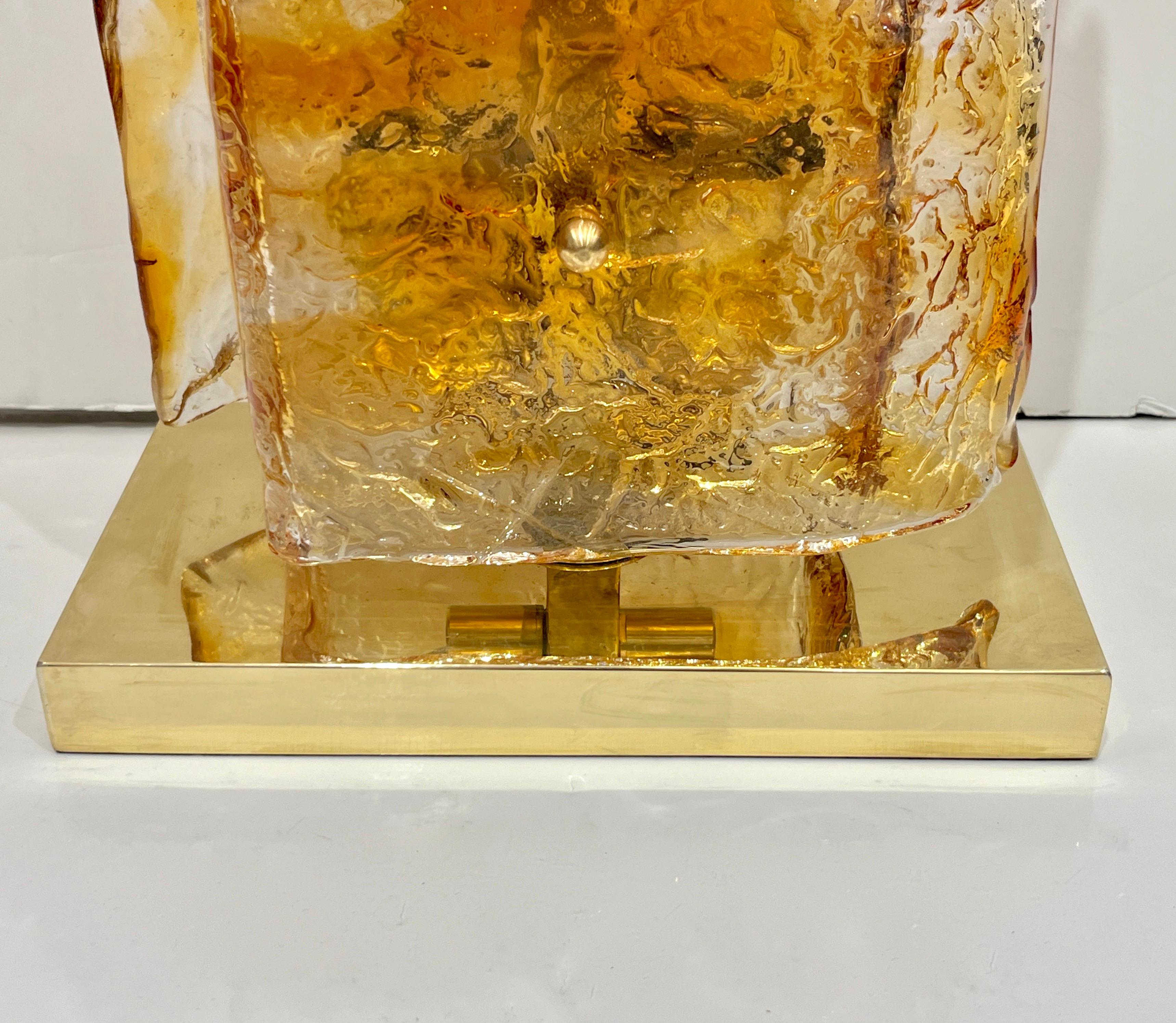 1970s Italy Sculpture Pair Amber Orange Scroll Pattern Murano Glass Table Lamps For Sale 2