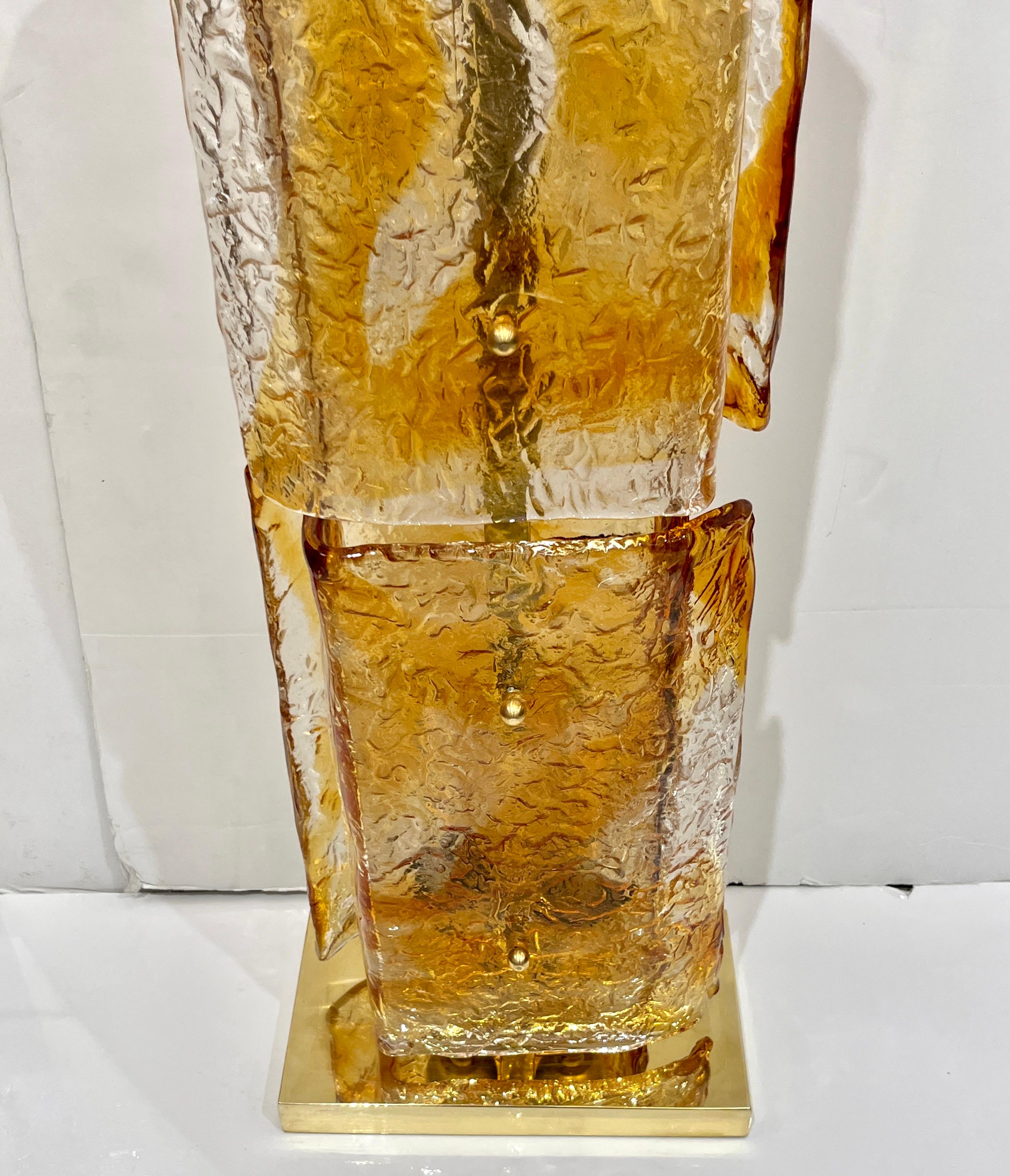 1970s Italy Sculpture Pair Amber Orange Scroll Pattern Murano Glass Table Lamps For Sale 4