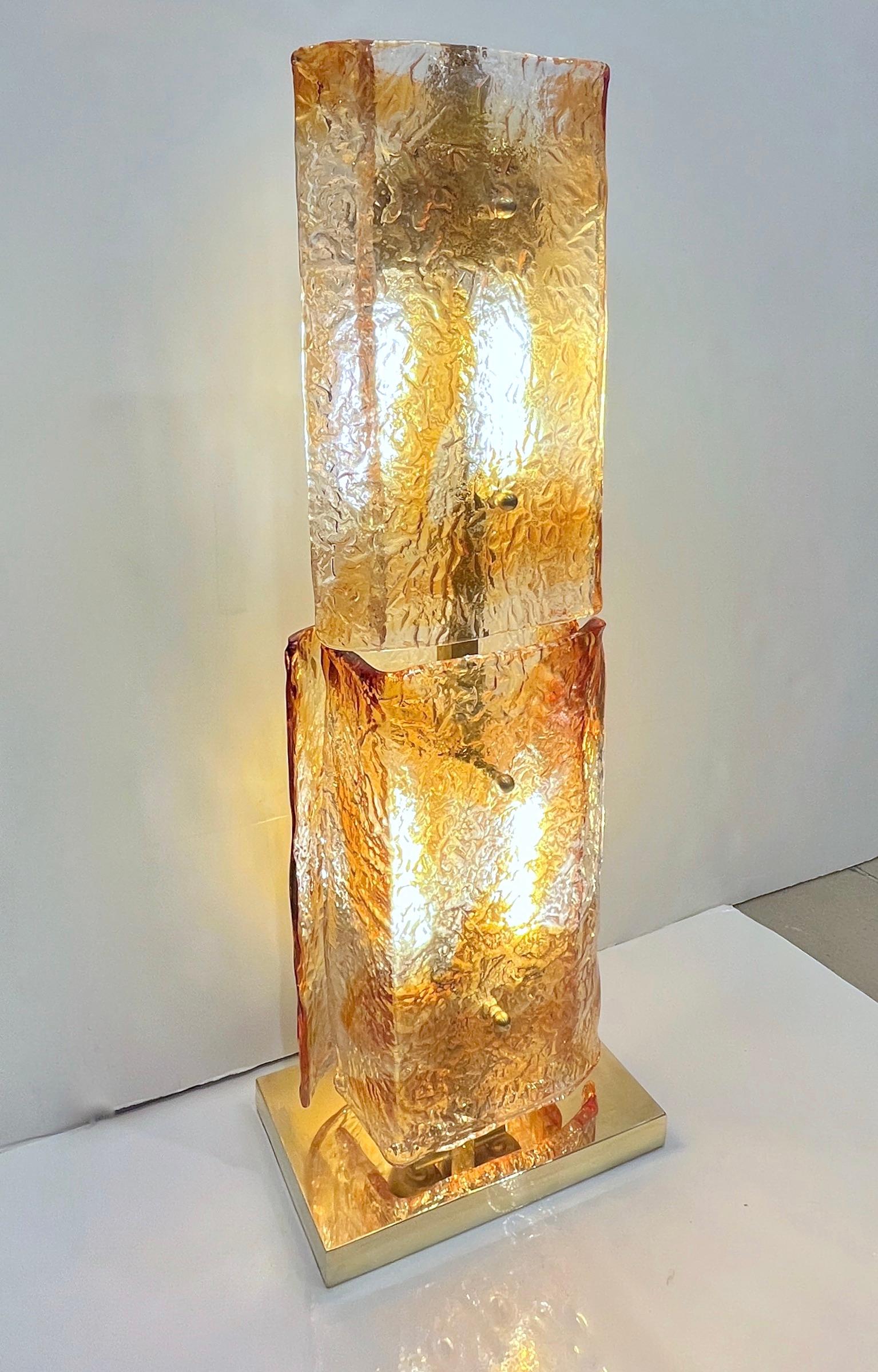 1970s Italy Sculpture Pair Amber Orange Scroll Pattern Murano Glass Table Lamps For Sale 5