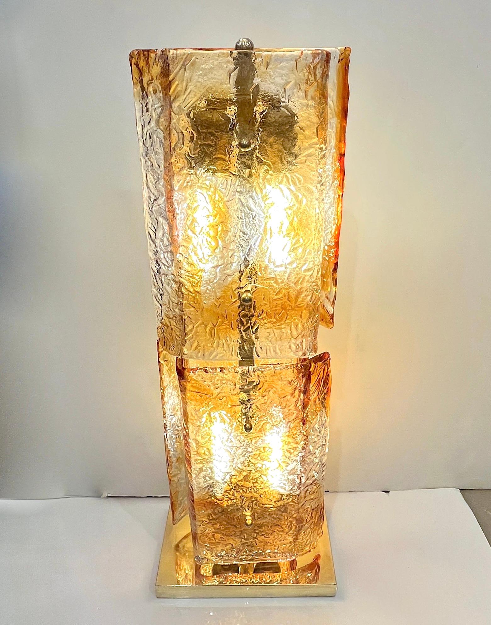 1970s Italy Sculpture Pair Amber Orange Scroll Pattern Murano Glass Table Lamps For Sale 7