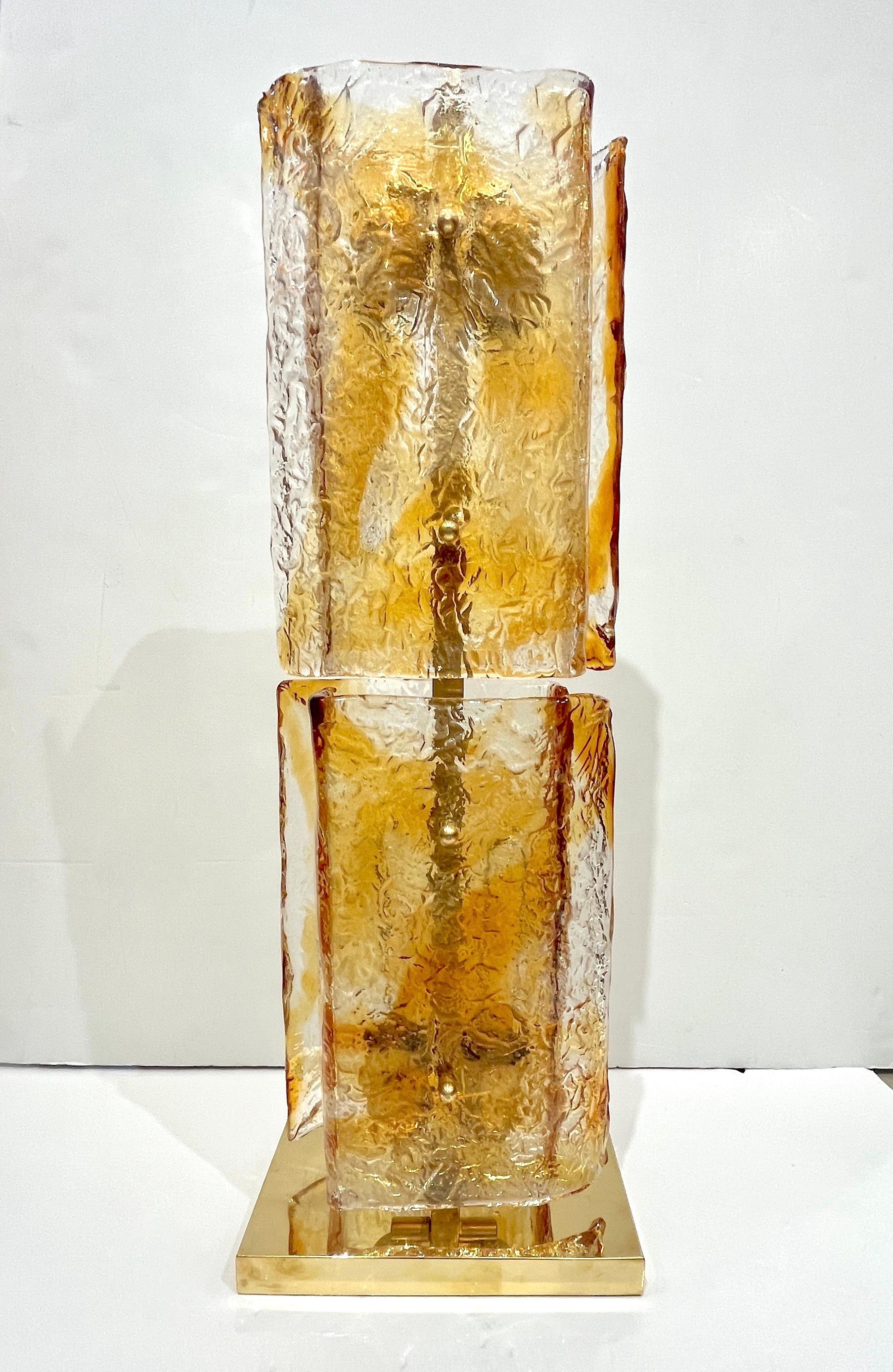 1970s Italy Sculpture Pair Amber Orange Scroll Pattern Murano Glass Table Lamps For Sale 8