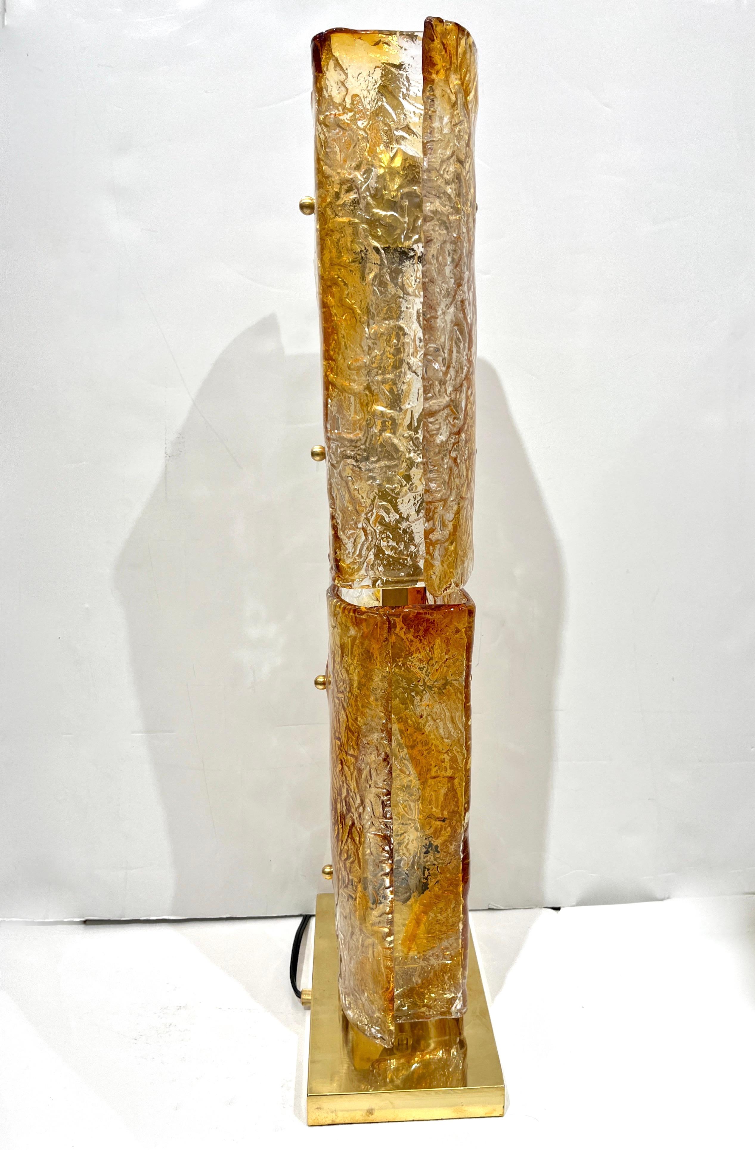 1970s Italy Sculpture Pair Amber Orange Scroll Pattern Murano Glass Table Lamps For Sale 9