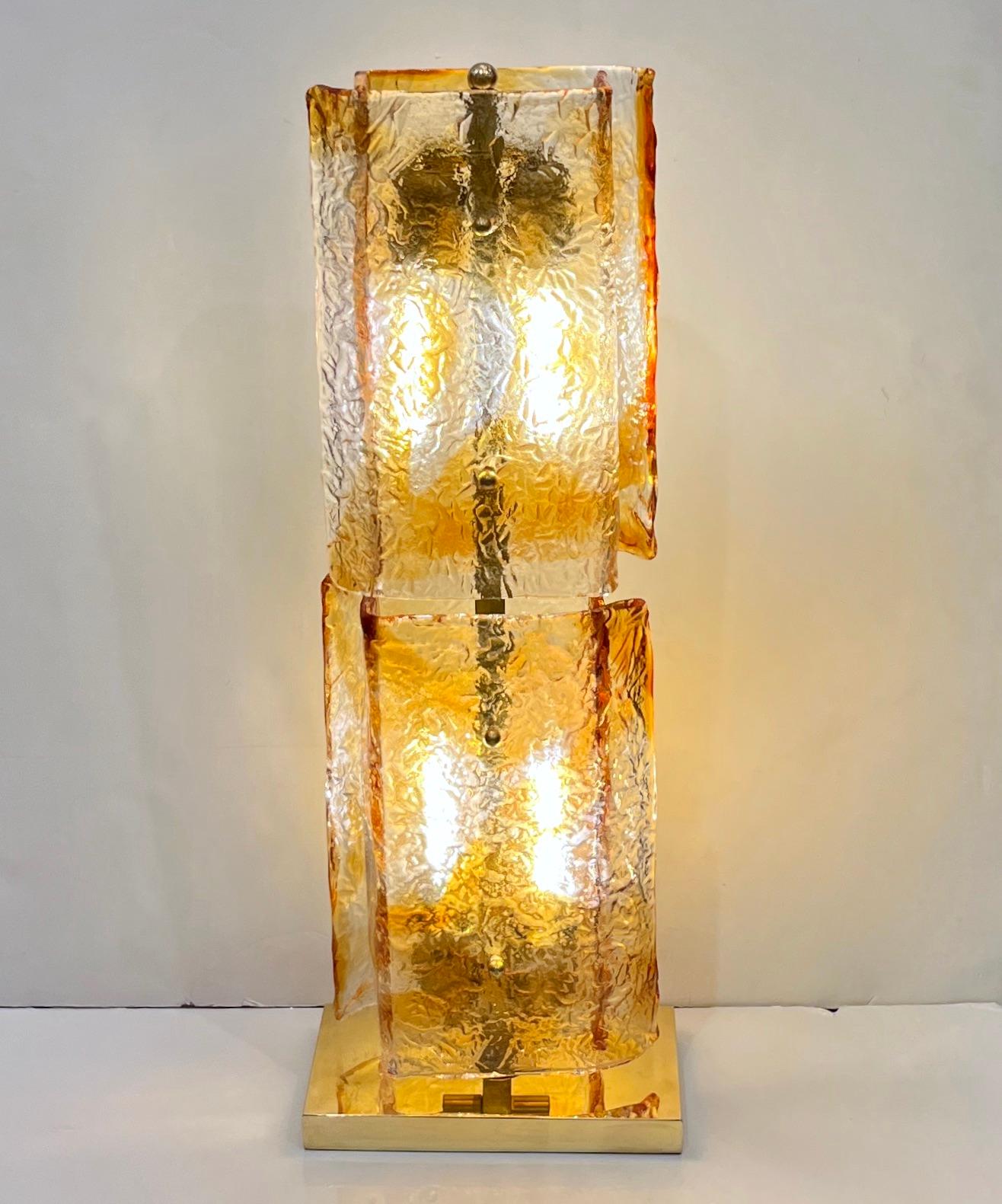 1970s Italy Sculpture Pair Amber Orange Scroll Pattern Murano Glass Table Lamps For Sale 10
