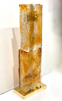 1970s Italy Sculpture Pair Amber Orange Scroll Pattern Murano Glass Table Lamps