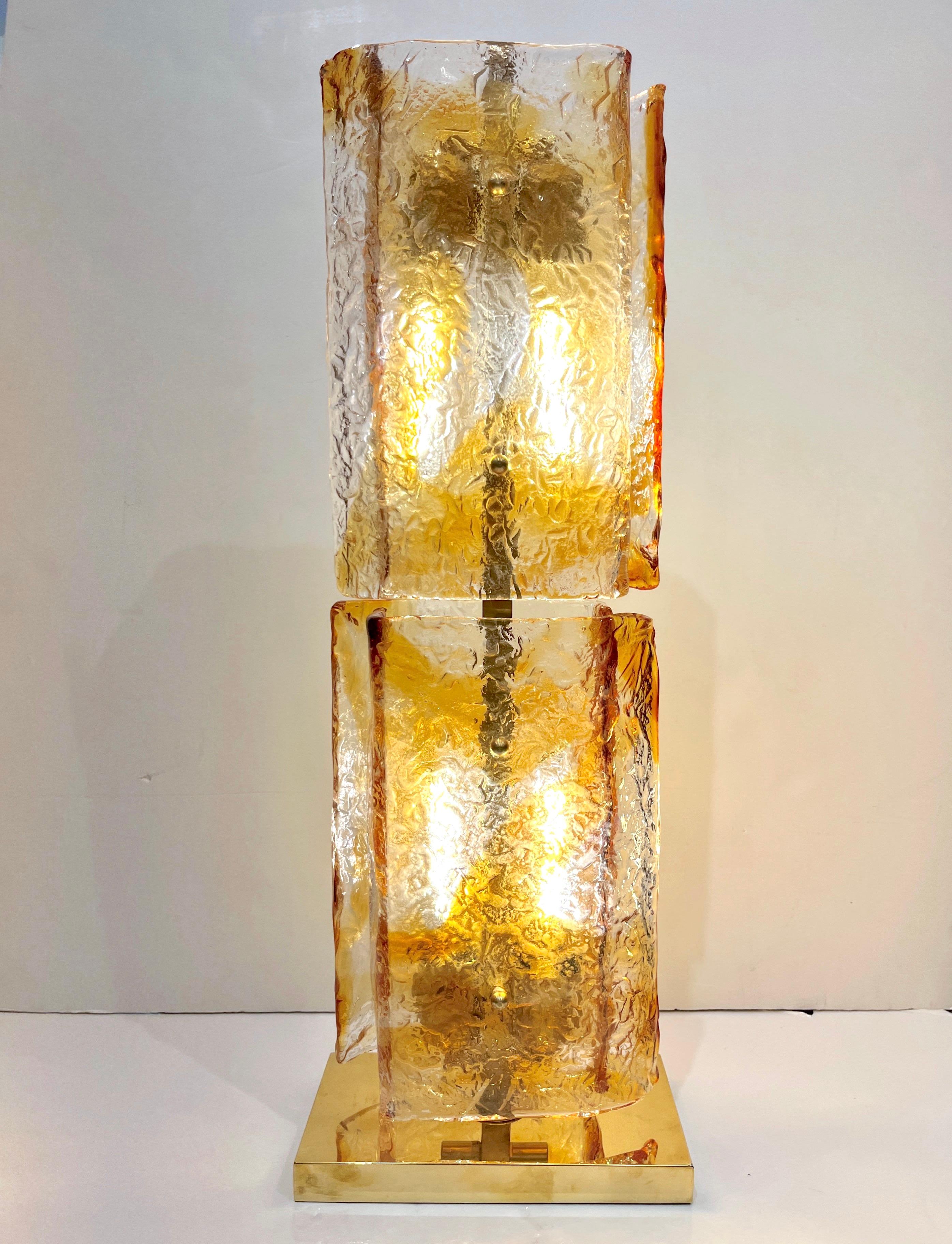 Mid-Century Modern 1970s Italy Sculpture Pair Amber Orange Scroll Pattern Murano Glass Table Lamps For Sale