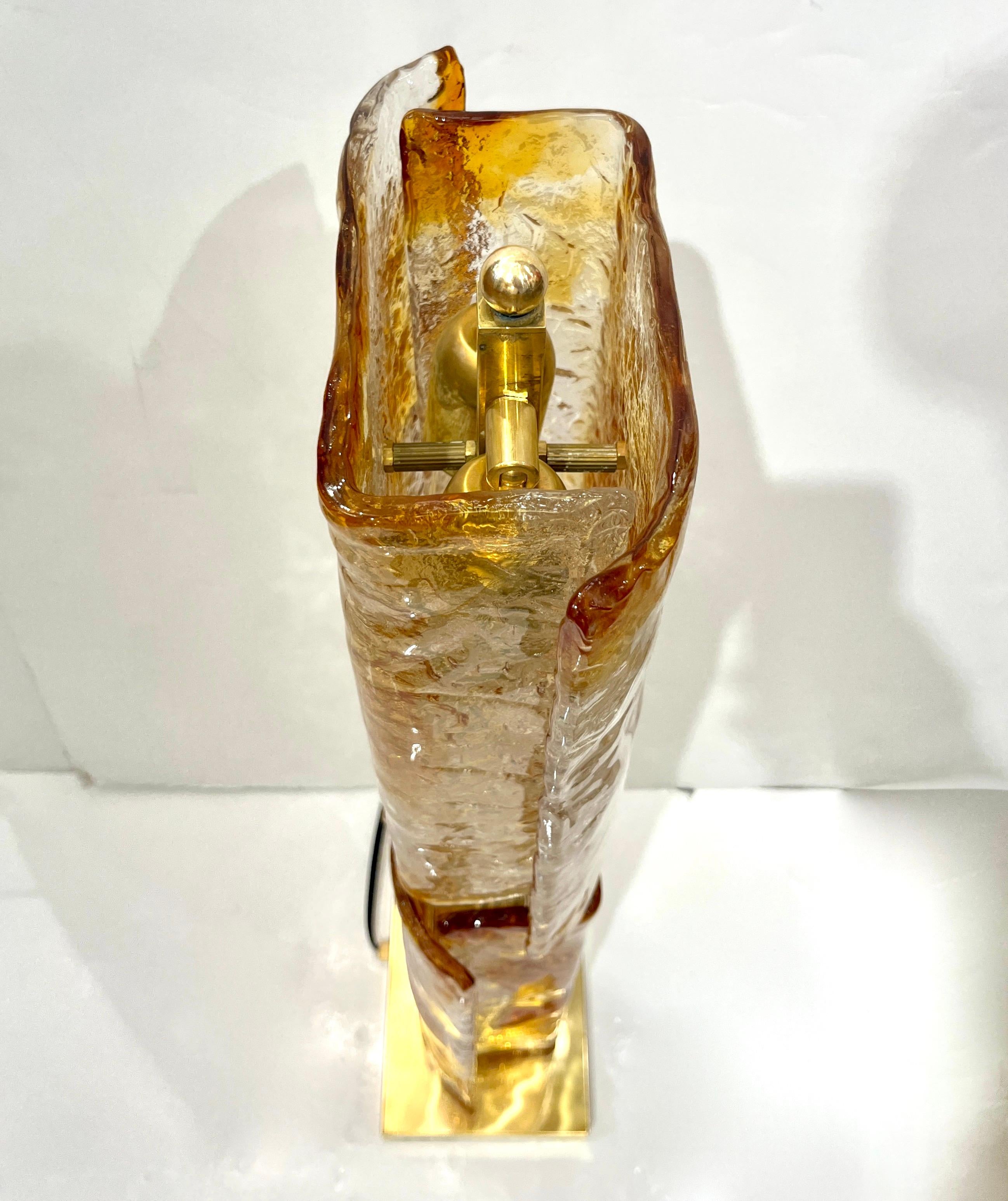 1970s Italy Sculpture Pair Amber Orange Scroll Pattern Murano Glass Table Lamps For Sale 1