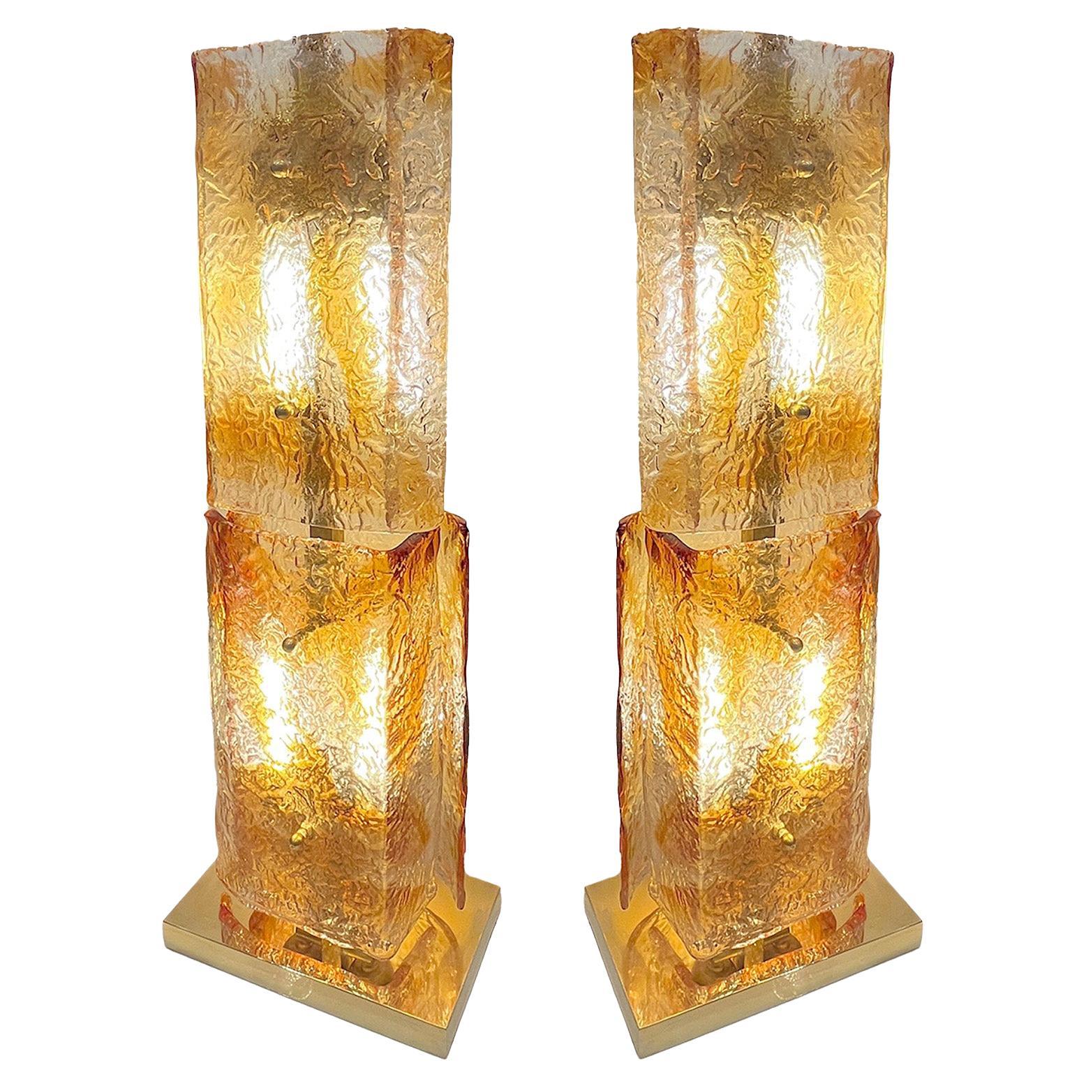 1970s Italy Sculpture Pair Amber Orange Scroll Pattern Murano Glass Table Lamps For Sale