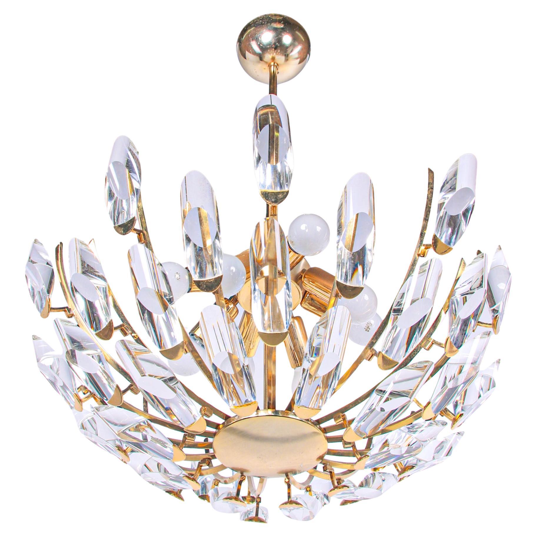 Lampadario Stilkronen anni '70 in cristallo e ottone dorato