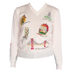 1970S Ivory Acrylic V-Neck Sweater With San Francisco Embroidery