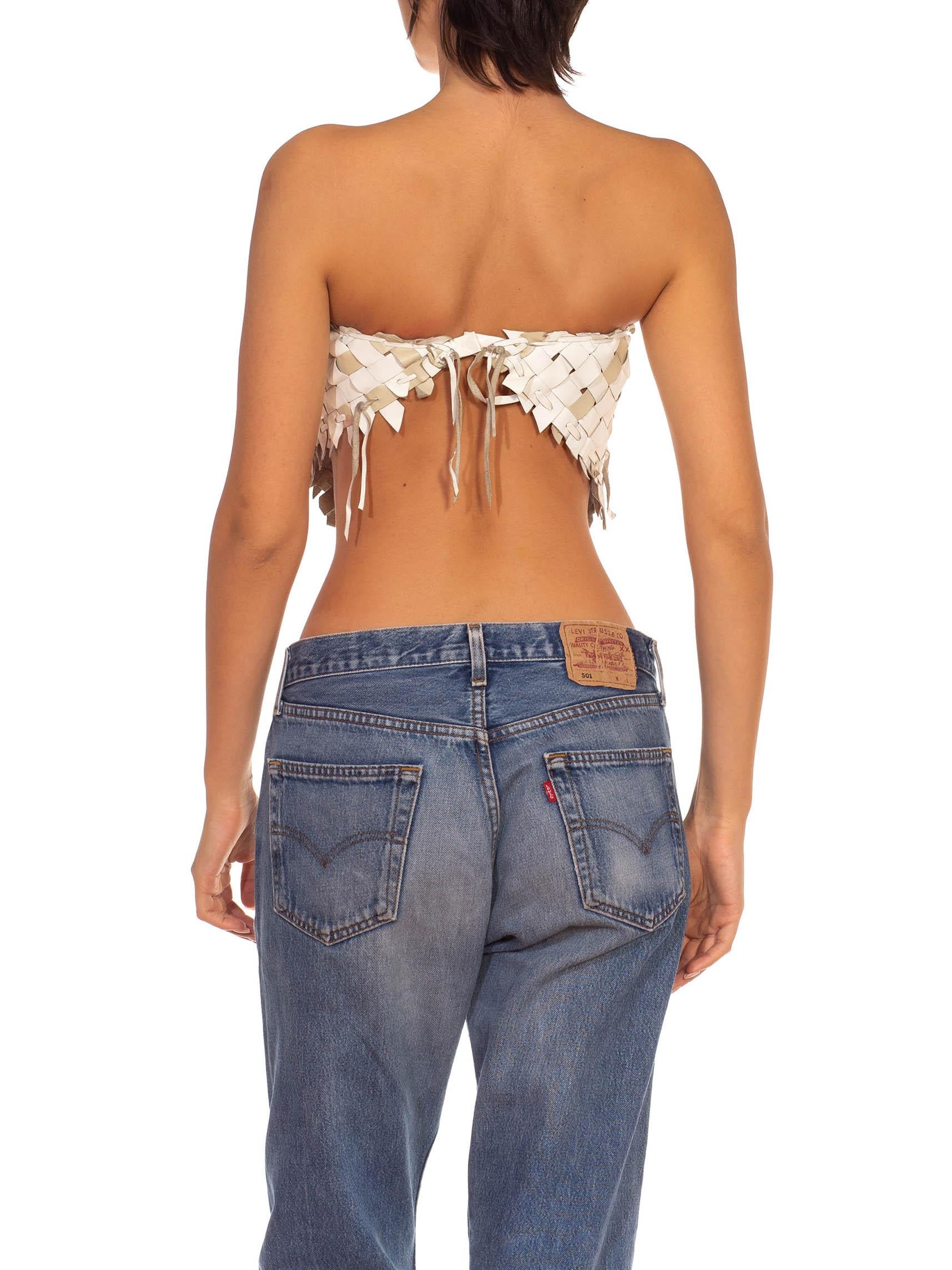 1970S Ivory & Beige Leather Weaving Strapless Top 2