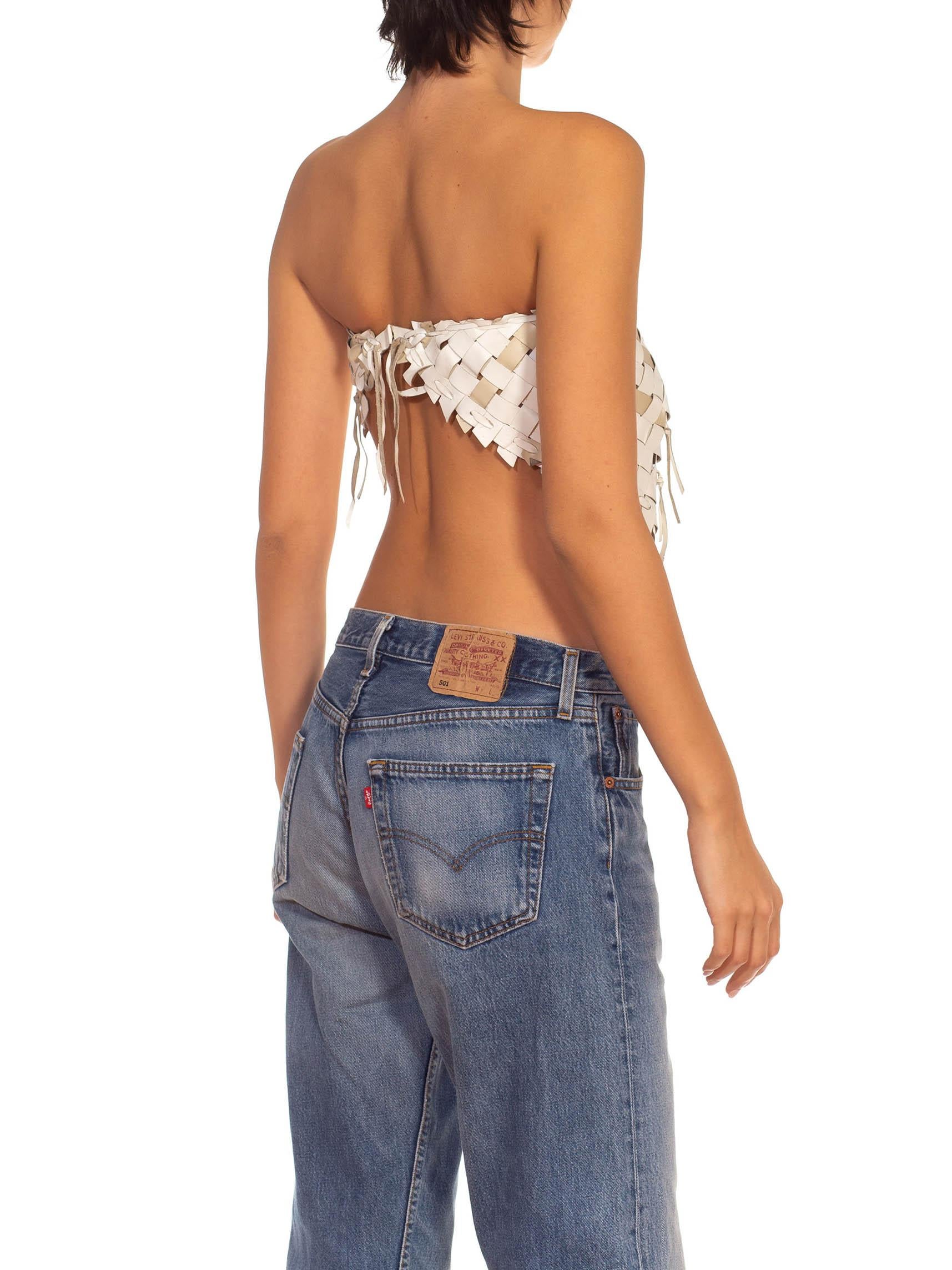 1970S Ivory & Beige Leather Weaving Strapless Top 3