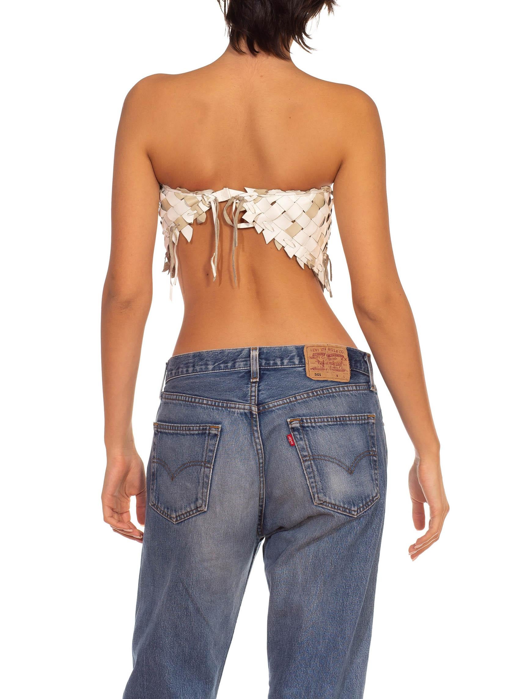 1970S Ivory & Beige Leather Weaving Strapless Top 4