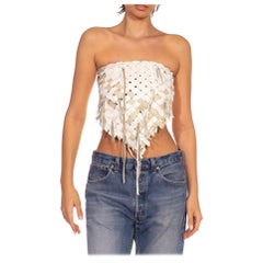 1970S Ivory & Beige Leather Weaving Strapless Top