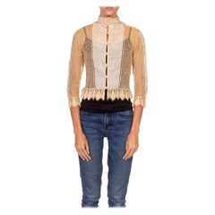 1970S Ivory & Camel Organic Cotton Hand Finished Victorian Style Top
