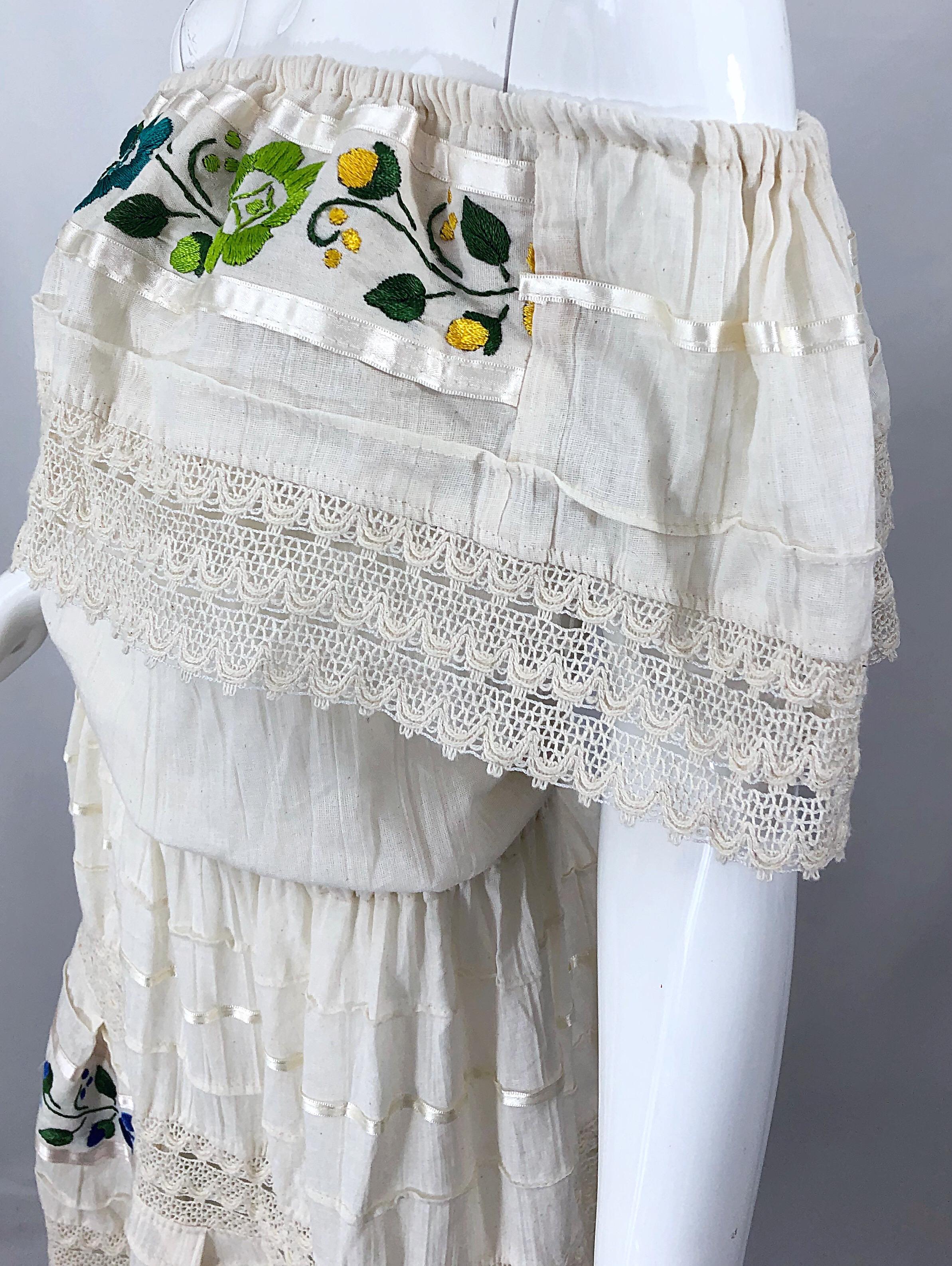 1970s Ivory Cotton Colrful Embroidered Flowers Off Shoulder Vintage Boho Dress For Sale 2