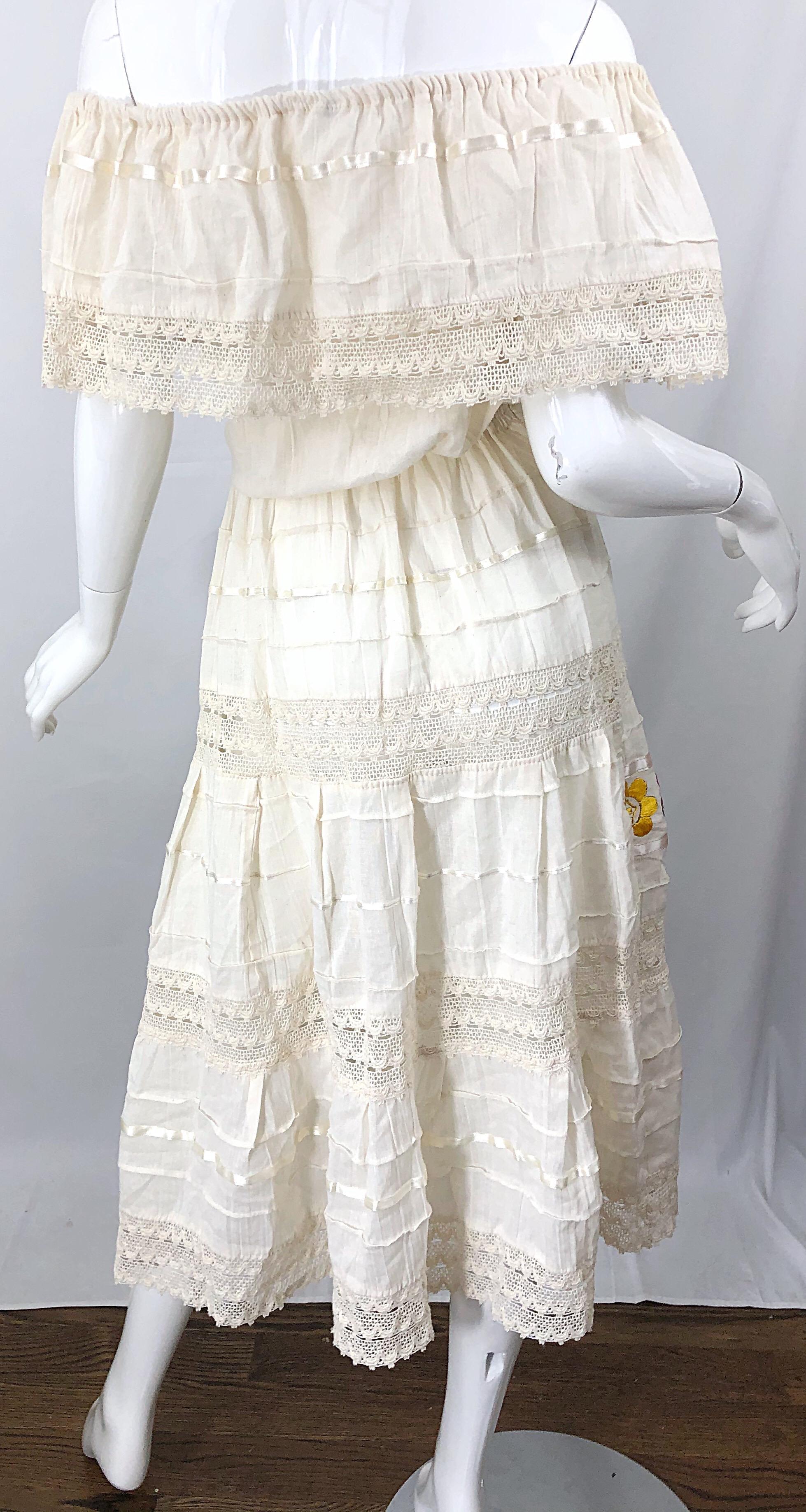 1970s Ivory Cotton Colrful Embroidered Flowers Off Shoulder Vintage Boho Dress For Sale 4