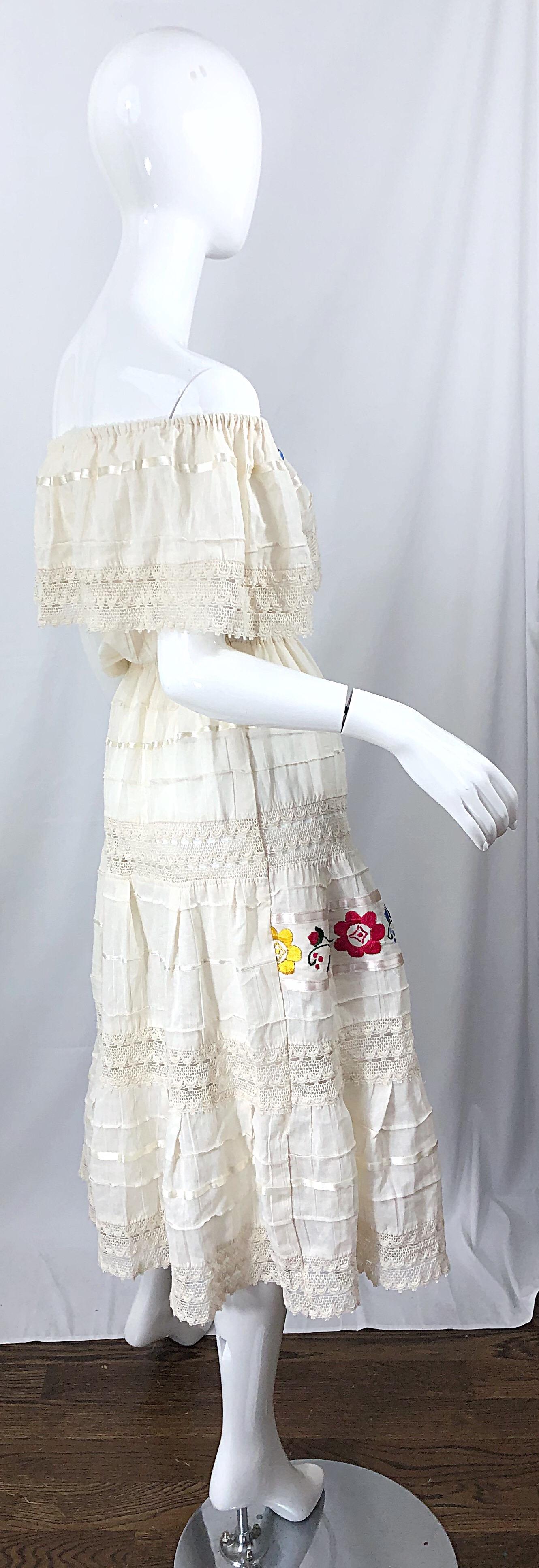1970s Ivory Cotton Colrful Embroidered Flowers Off Shoulder Vintage Boho Dress For Sale 6