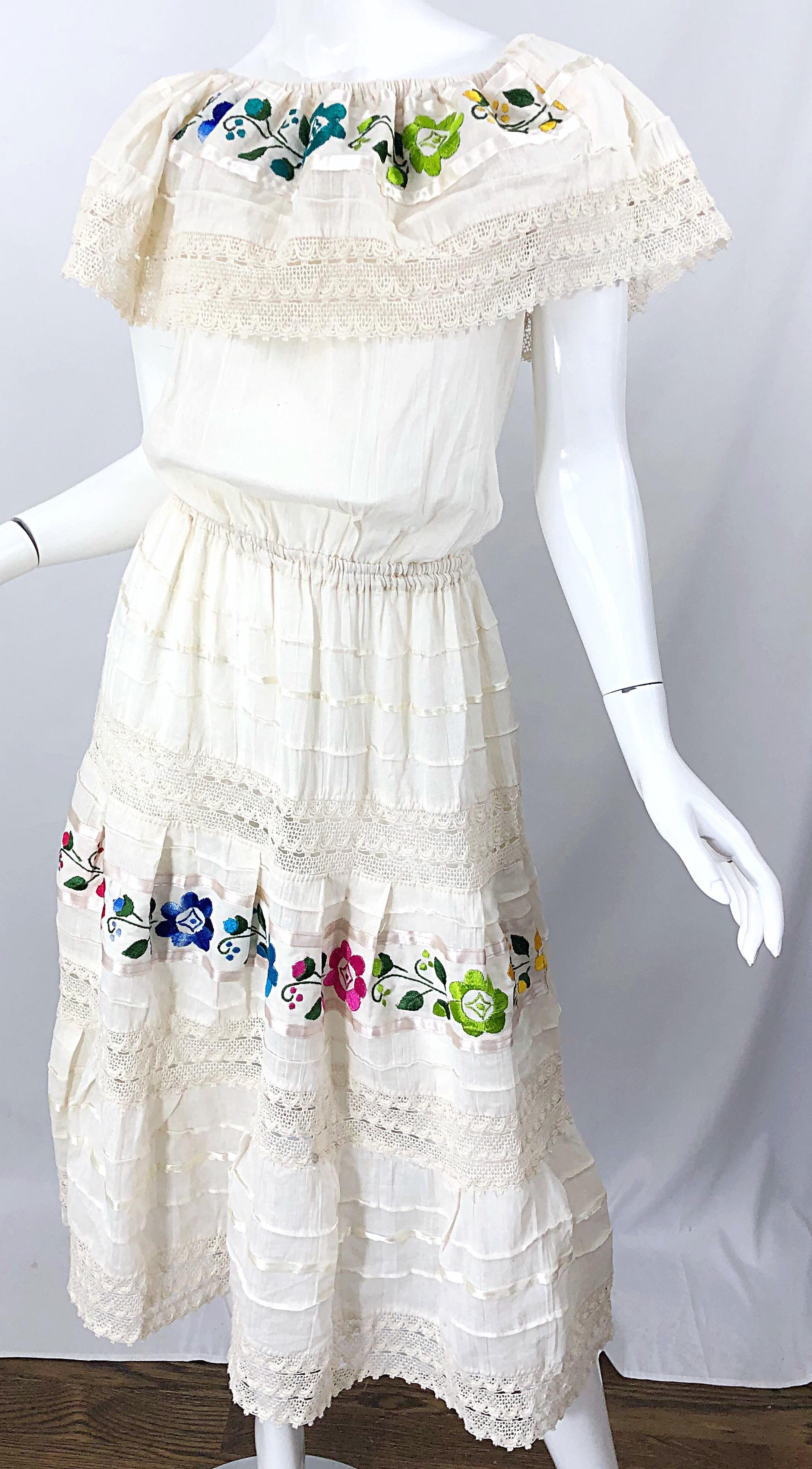 Beige 1970s Ivory Cotton Colrful Embroidered Flowers Off Shoulder Vintage Boho Dress For Sale