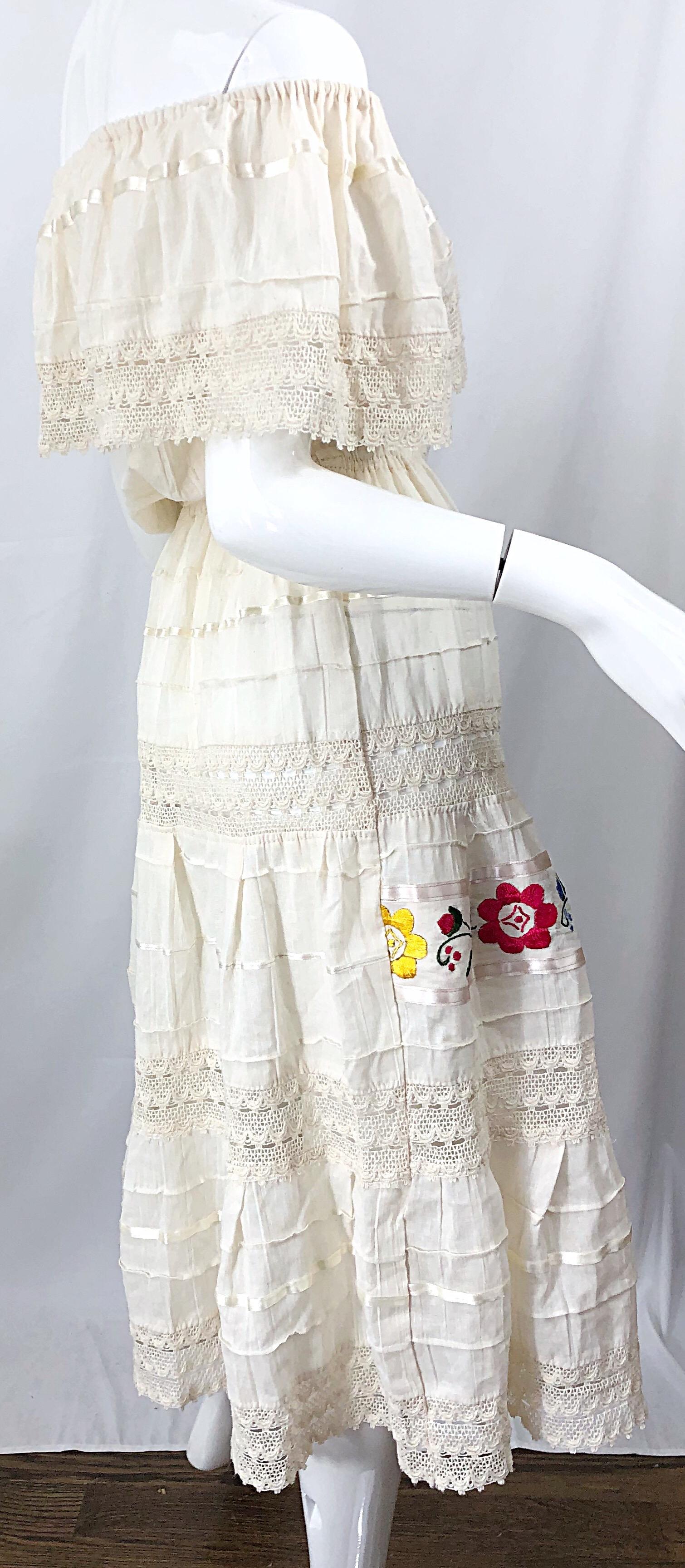 Women's 1970s Ivory Cotton Colrful Embroidered Flowers Off Shoulder Vintage Boho Dress For Sale