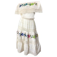 1970s Ivory Cotton Colrful Embroidered Flowers Off Shoulder Retro Boho Dress